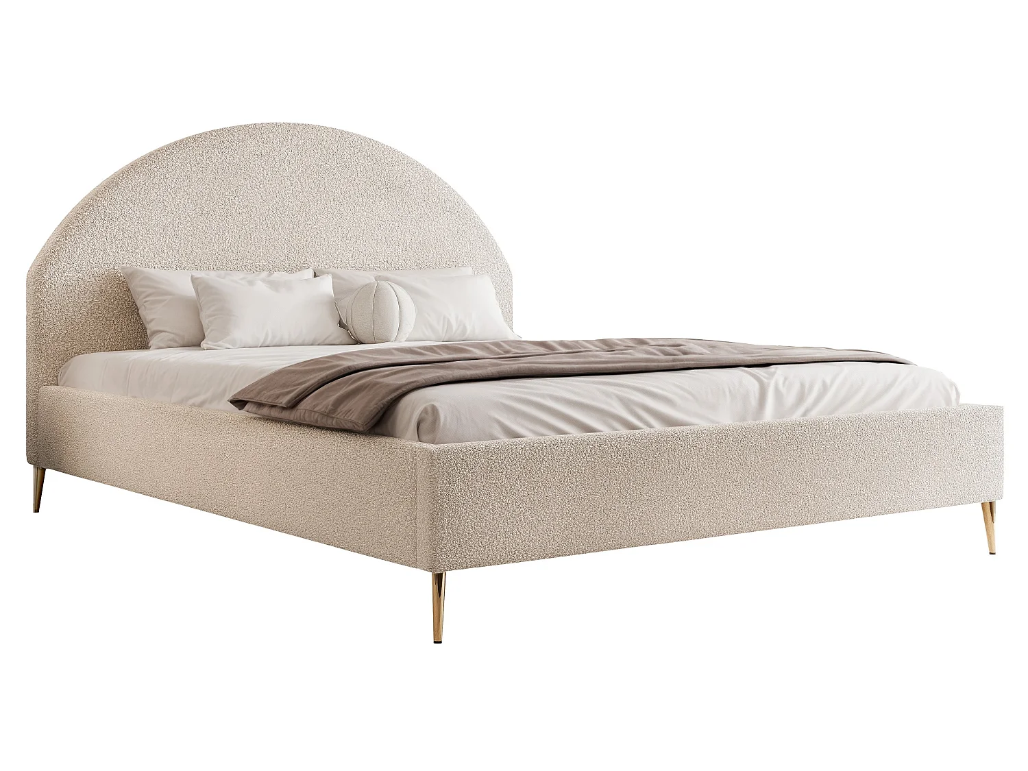 BESILIO Gestoffeerd bed Boucle 200x200 Velora II – lattenbodem, hoofdbord, opbergruimte, slank bed, hoge gouden poten – Crème