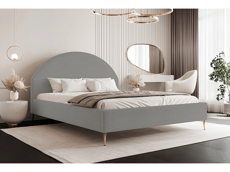 BESILIO Lit tapissé Boucle 160x200 Velora II – sommier à lattes, tête de lit, coffre de rangement, lit fin, pieds hauts dorés – Gris clair