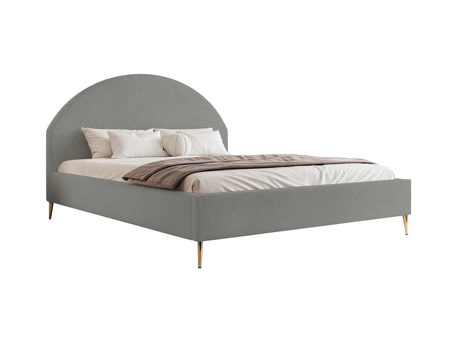 BESILIO Łóżko tapicerowane Boucle 160x200 Velora II - stelaż listwowy, wezgłowie, pojemnik, łóżko slim, wysokie złote nogi - Jasnoszary