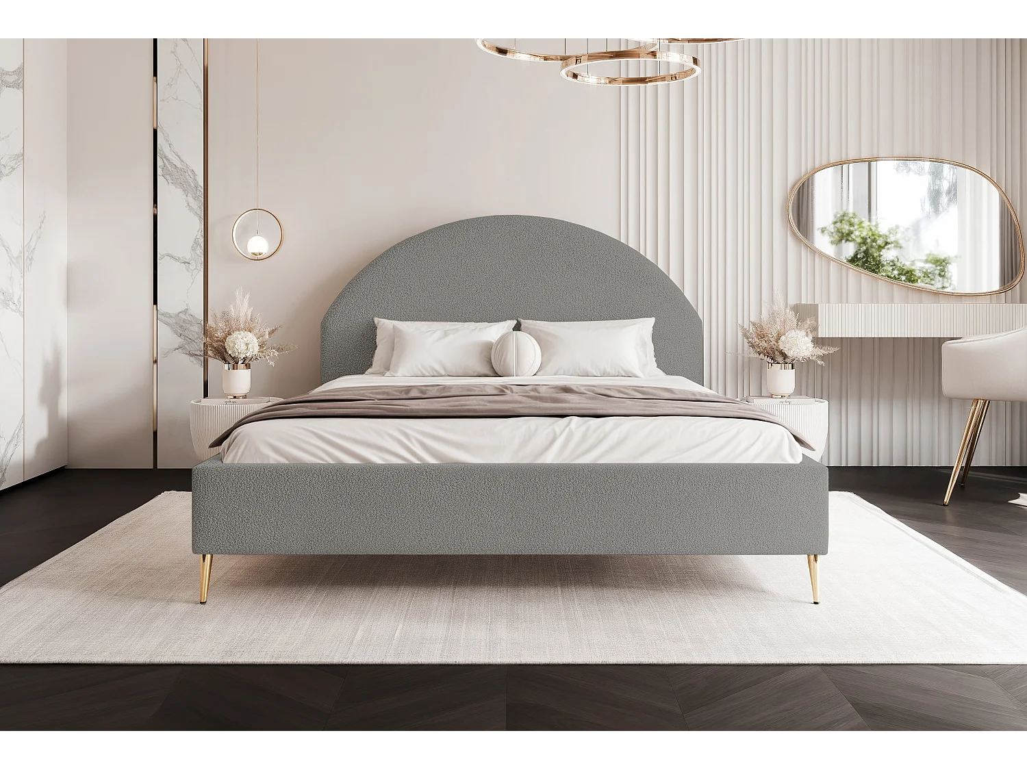 BESILIO Łóżko tapicerowane Boucle 160x200 Velora II - stelaż listwowy, wezgłowie, pojemnik, łóżko slim, wysokie złote nogi - Jasnoszary