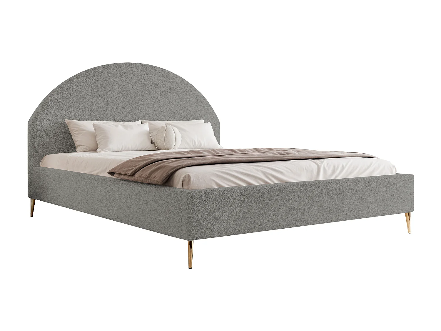 BESILIO Łóżko tapicerowane Boucle 160x200 Velora II - stelaż listwowy, wezgłowie, pojemnik, łóżko slim, wysokie złote nogi - Jasnoszary