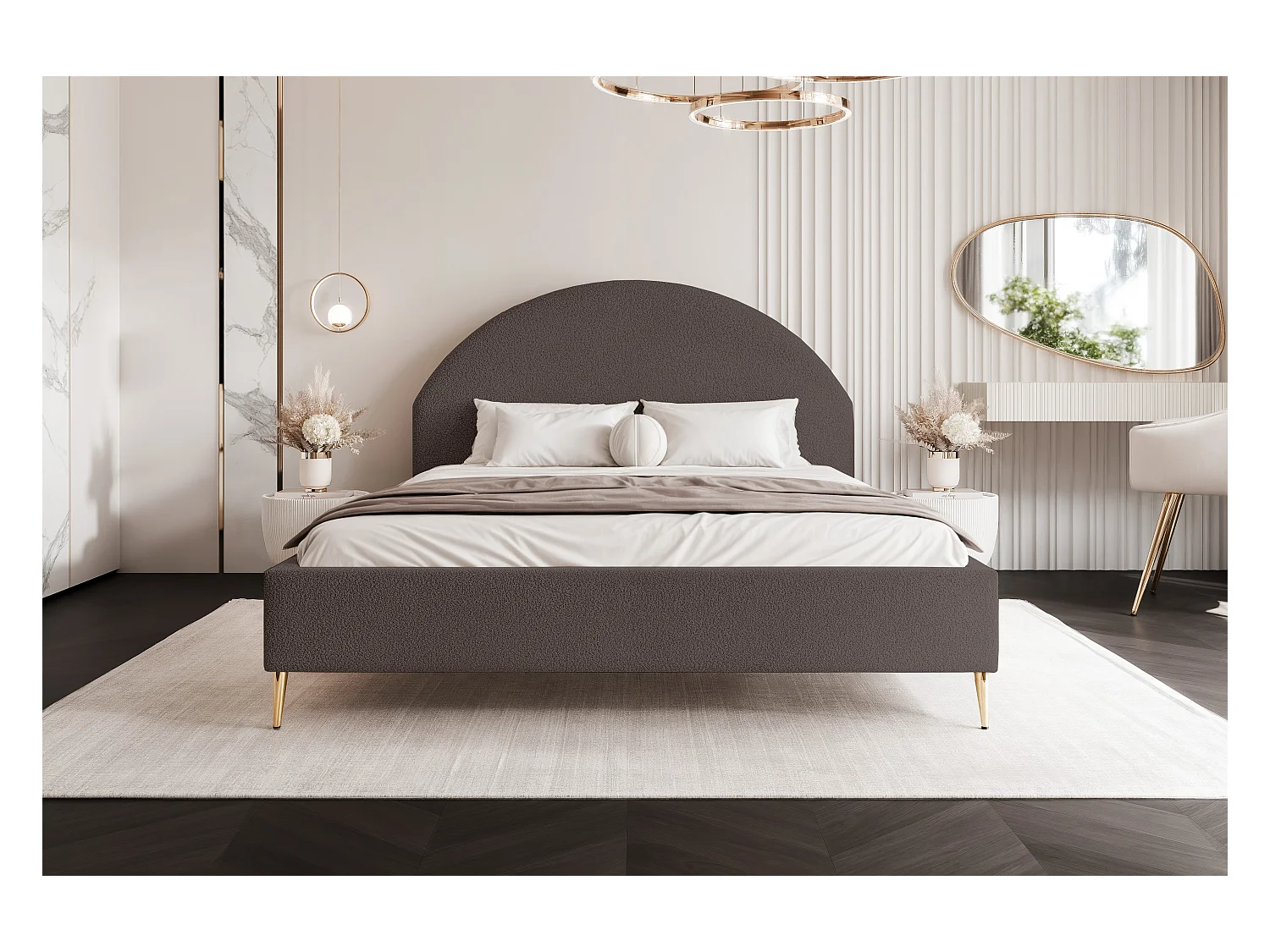 BESILIO Łóżko tapicerowane Boucle 200x200 Velora II - stelaż listwowy, wezgłowie, pojemnik, łóżko slim, wysokie złote nogi - Brązowy