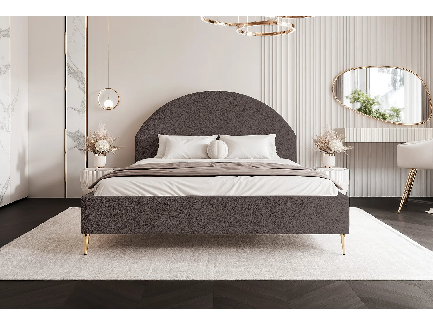 BESILIO Gestoffeerd bed Boucle 200x200 Velora II – lattenbodem, hoofdbord, opbergruimte, slank bed, hoge gouden poten – Bruin