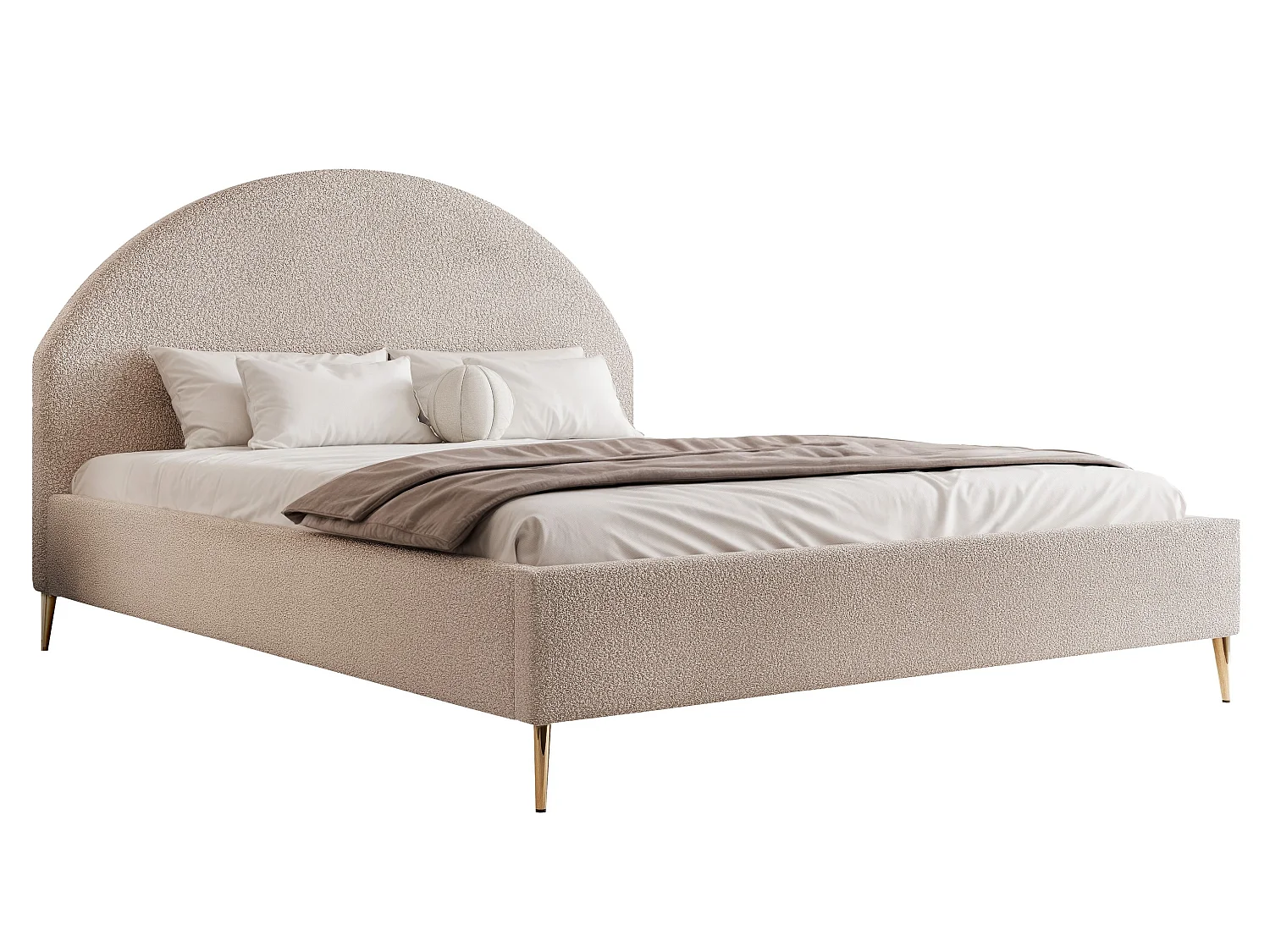 BESILIO Łóżko tapicerowane Boucle 200x200 Velora II - stelaż listwowy, wezgłowie, pojemnik, łóżko slim, wysokie złote nogi - Beżowy