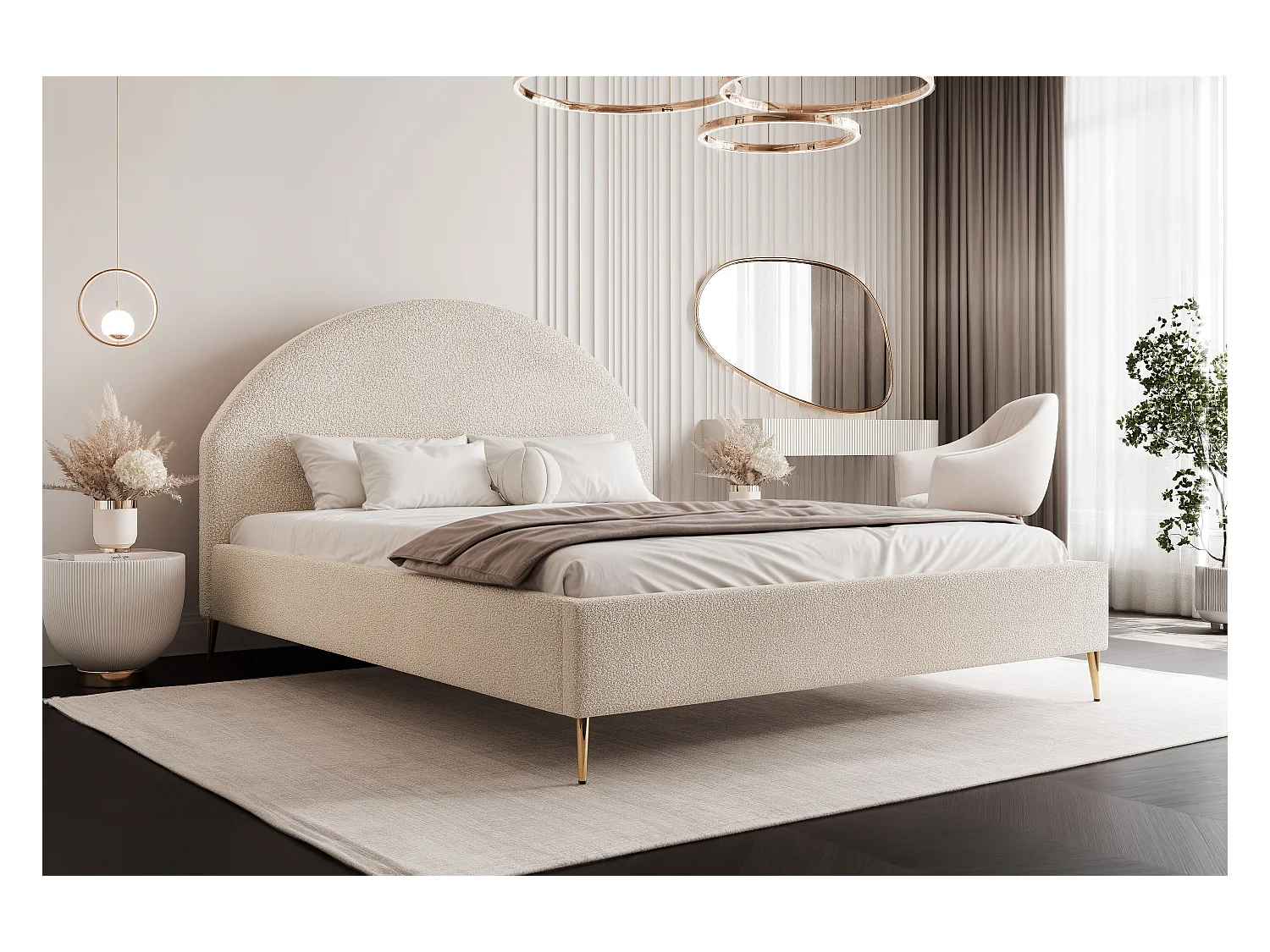 BESILIO Łóżko tapicerowane Boucle 160x200 Velora II - stelaż listwowy, wezgłowie, pojemnik, łóżko slim, wysokie złote nogi - Kremowy