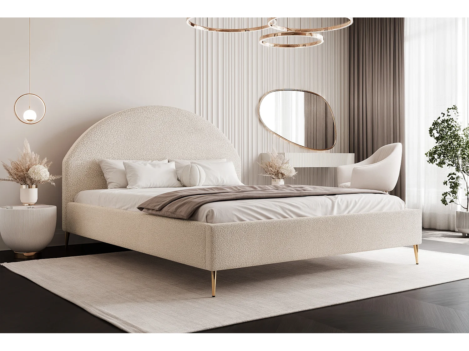 BESILIO Łóżko tapicerowane Boucle 160x200 Velora II - stelaż listwowy, wezgłowie, pojemnik, łóżko slim, wysokie złote nogi - Kremowy