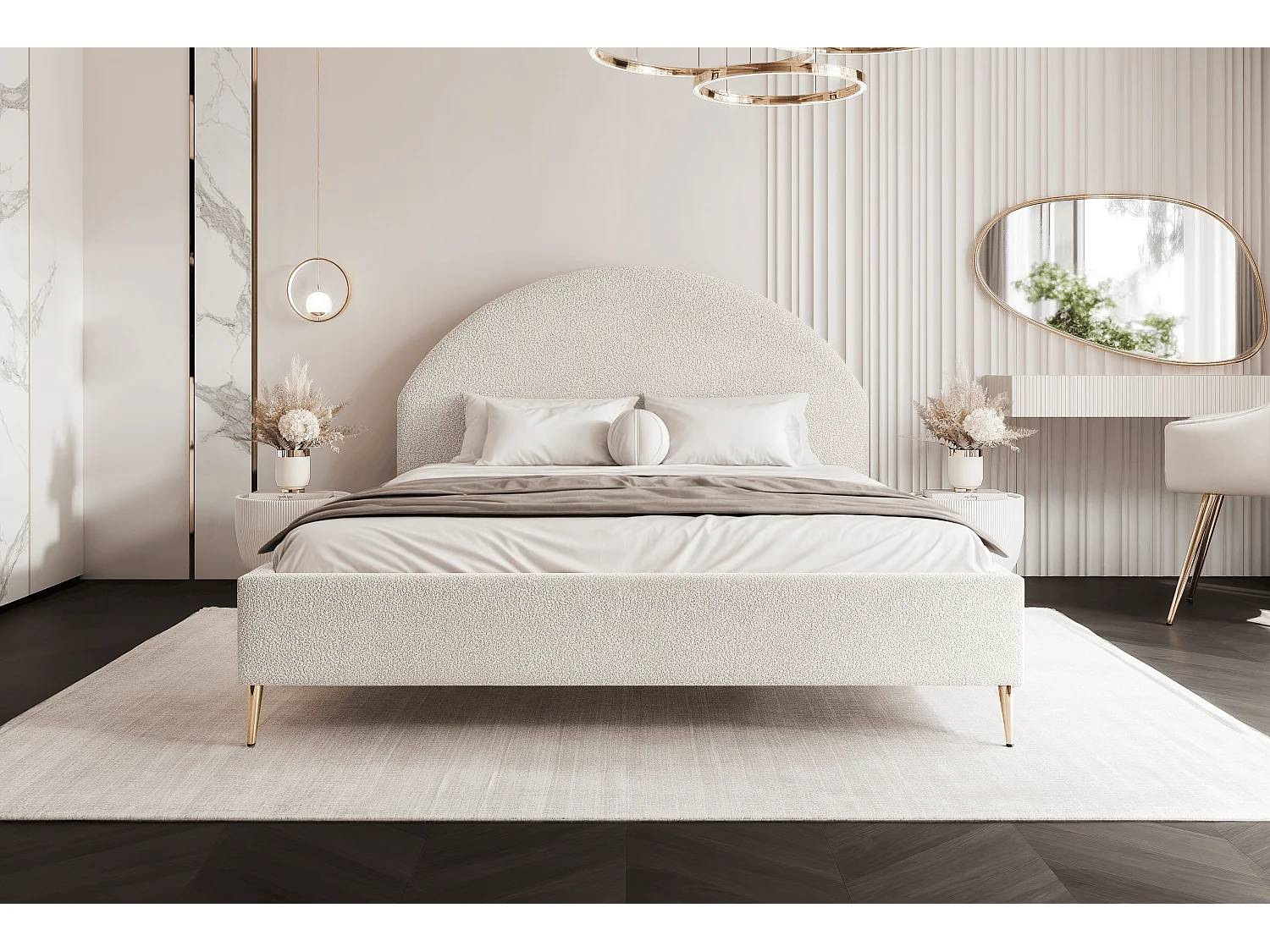 BESILIO Łóżko tapicerowane Boucle 160x200 Velora II - stelaż listwowy, wezgłowie, pojemnik, łóżko slim, wysokie złote nogi - Kremowy