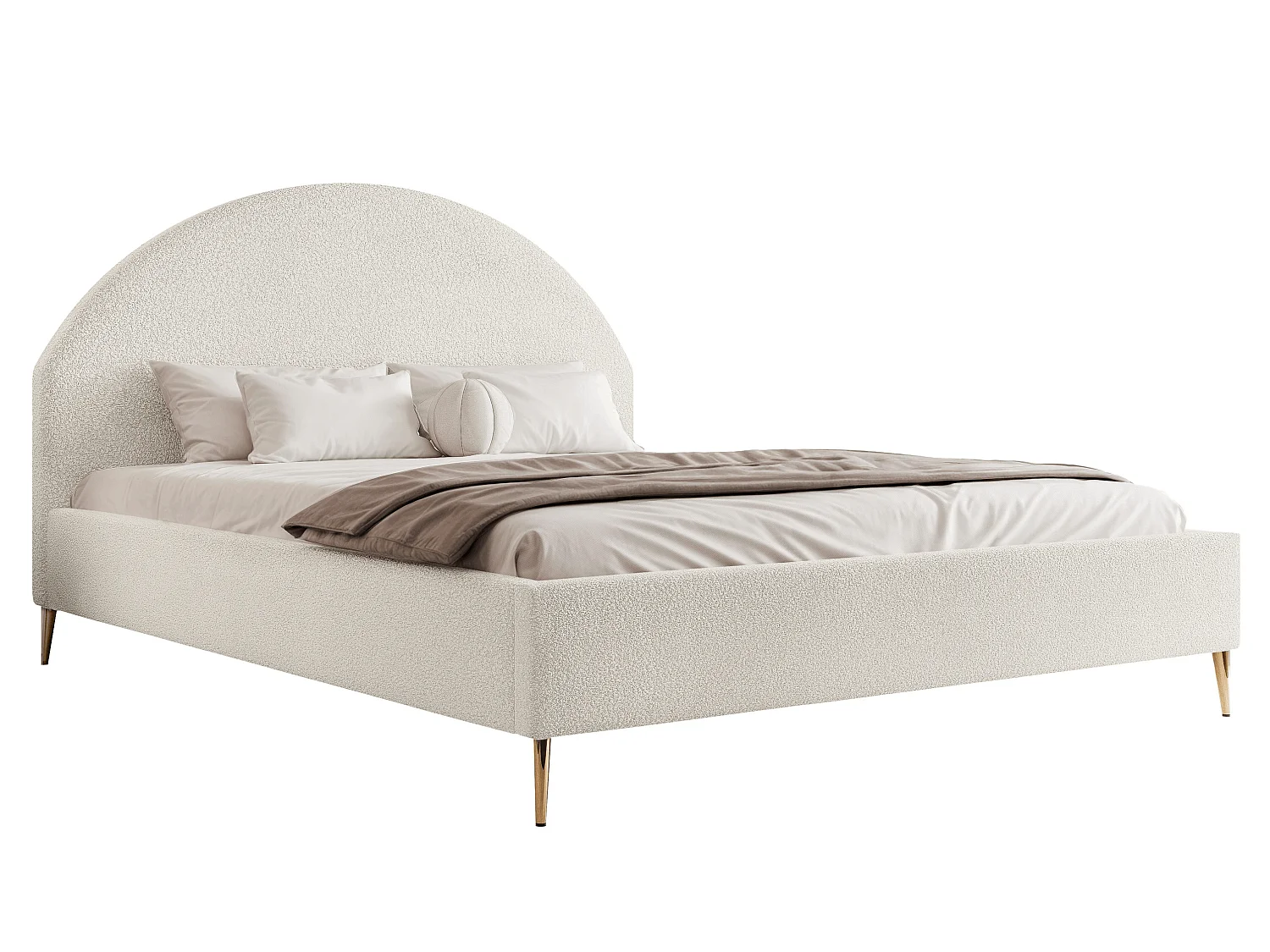 BESILIO Łóżko tapicerowane Boucle 160x200 Velora II - stelaż listwowy, wezgłowie, pojemnik, łóżko slim, wysokie złote nogi - Kremowy