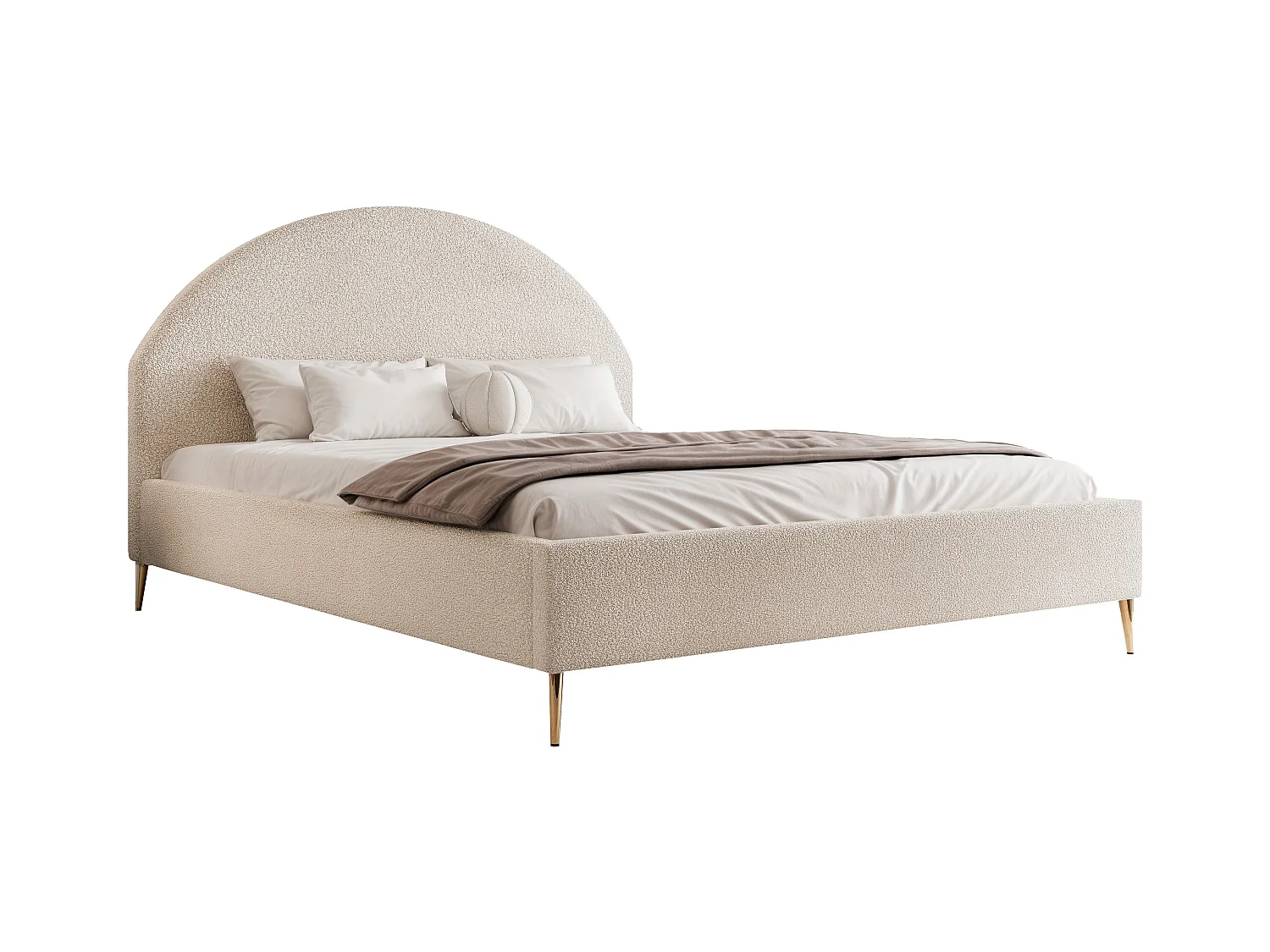 BESILIO Łóżko tapicerowane Boucle 140x200 Velora II - stelaż listwowy, wezgłowie, pojemnik, łóżko slim, wysokie złote nogi - Kremowy