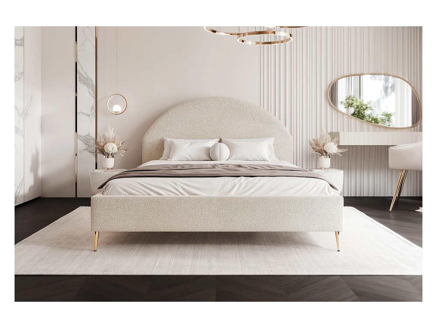 BESILIO Łóżko tapicerowane Boucle 180x200 Velora II - stelaż listwowy, wezgłowie, pojemnik, łóżko slim, wysokie złote nogi - Kremowy