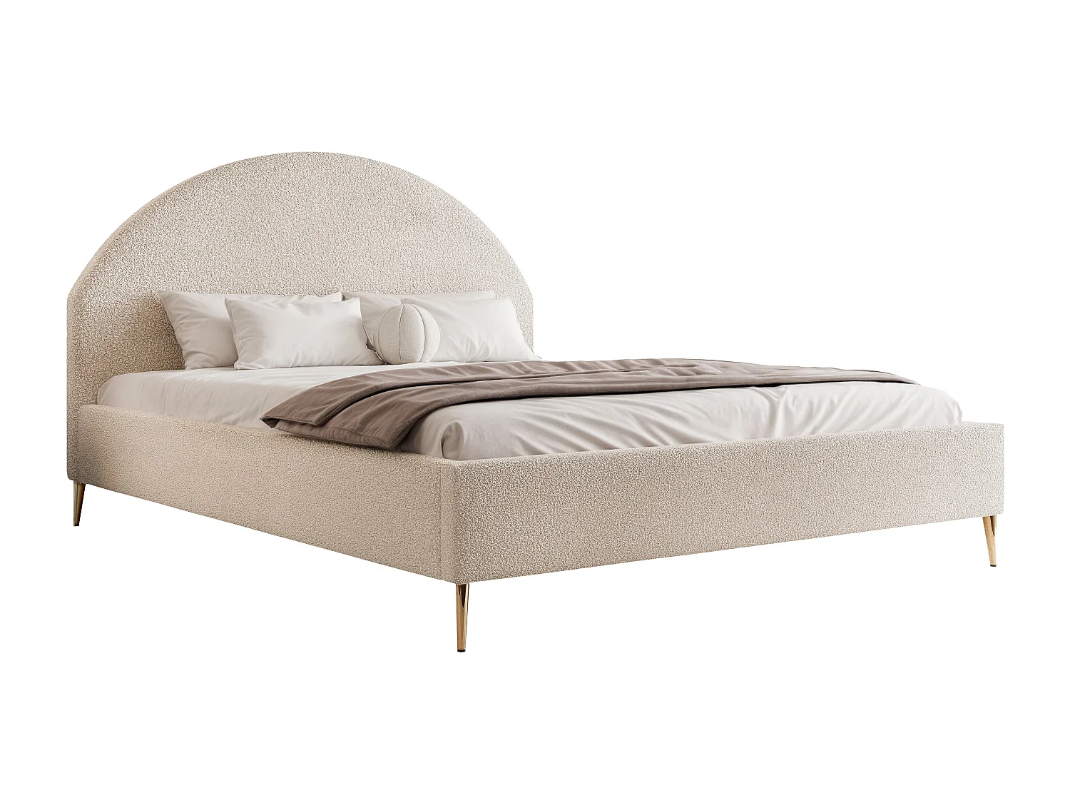 BESILIO Łóżko tapicerowane Boucle 180x200 Velora II - stelaż listwowy, wezgłowie, pojemnik, łóżko slim, wysokie złote nogi - Kremowy