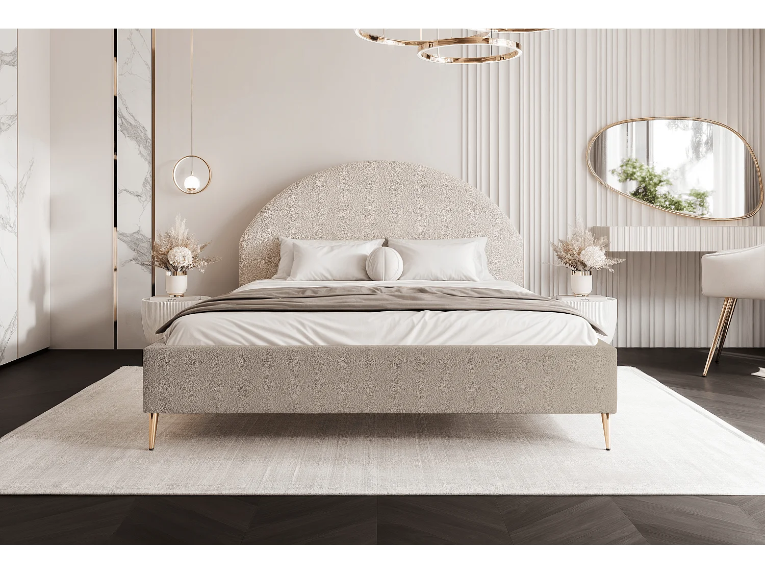 BESILIO Łóżko tapicerowane Boucle 140x200 Velora II - stelaż listwowy, wezgłowie, pojemnik, łóżko slim, wysokie złote nogi - Beżowy