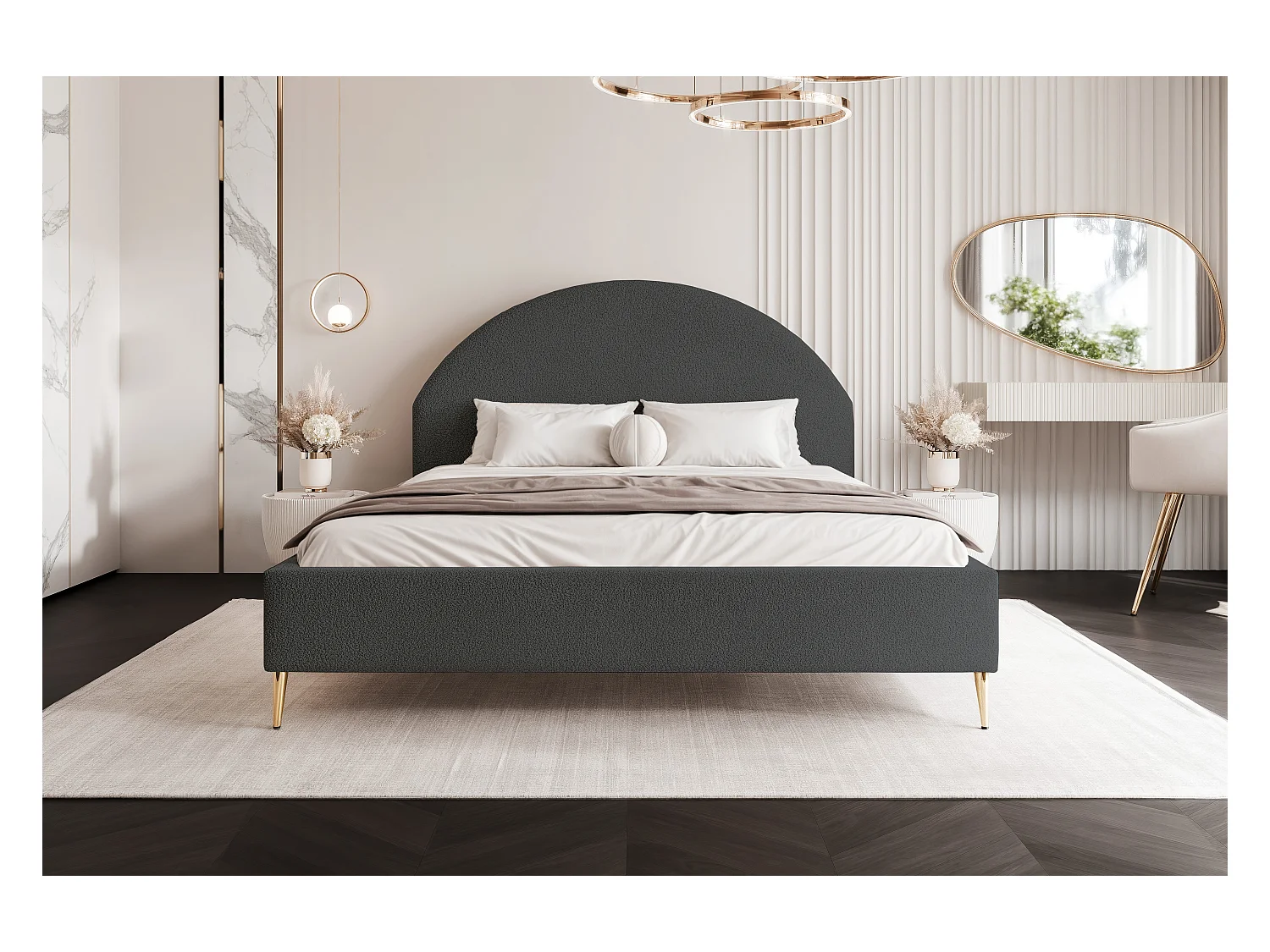 BESILIO Łóżko tapicerowane Boucle 120x200 Velora II - stelaż listwowy, wezgłowie, pojemnik, łóżko slim, wysokie złote nogi - Szary