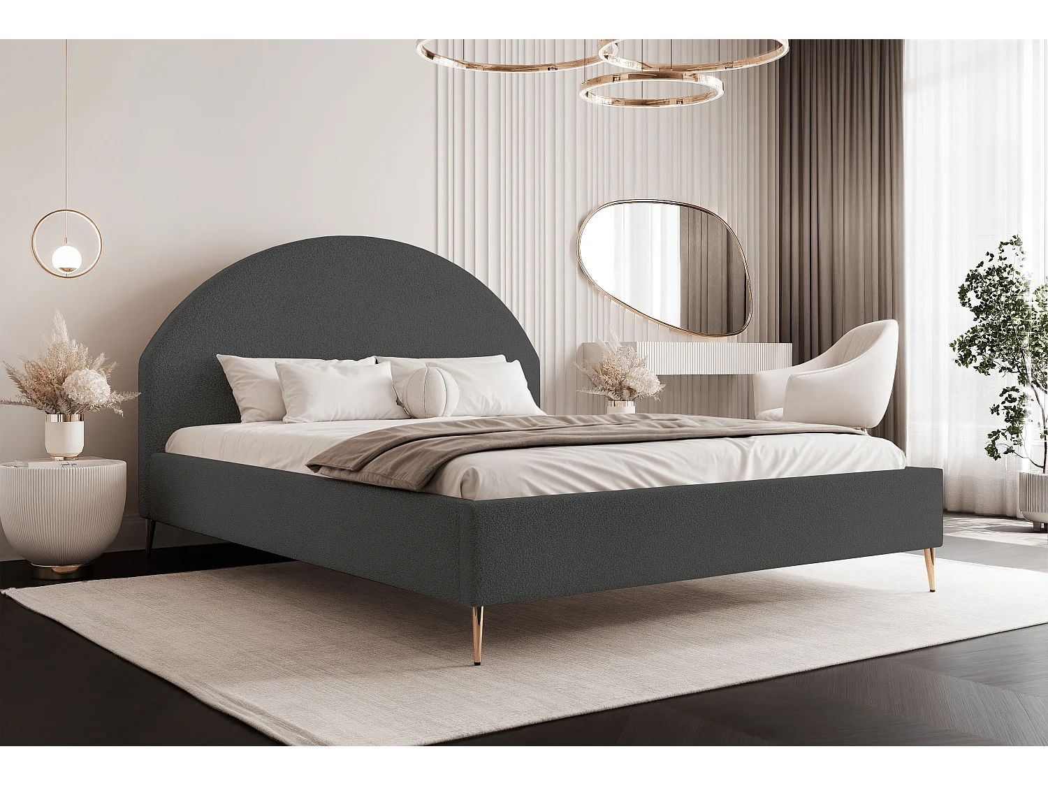 BESILIO Lit tapissé Boucle 120x200 Velora II – sommier à lattes, tête de lit, coffre de rangement, lit fin, pieds hauts dorés – Gris