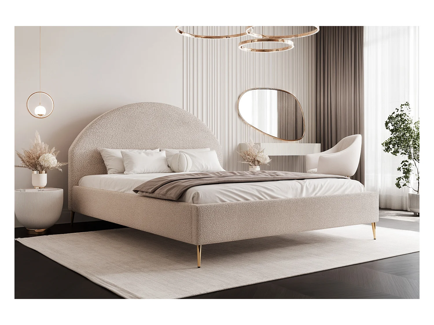 BESILIO Łóżko tapicerowane Boucle 180x200 Velora II - stelaż listwowy, wezgłowie, pojemnik, łóżko slim, wysokie złote nogi - Beżowy