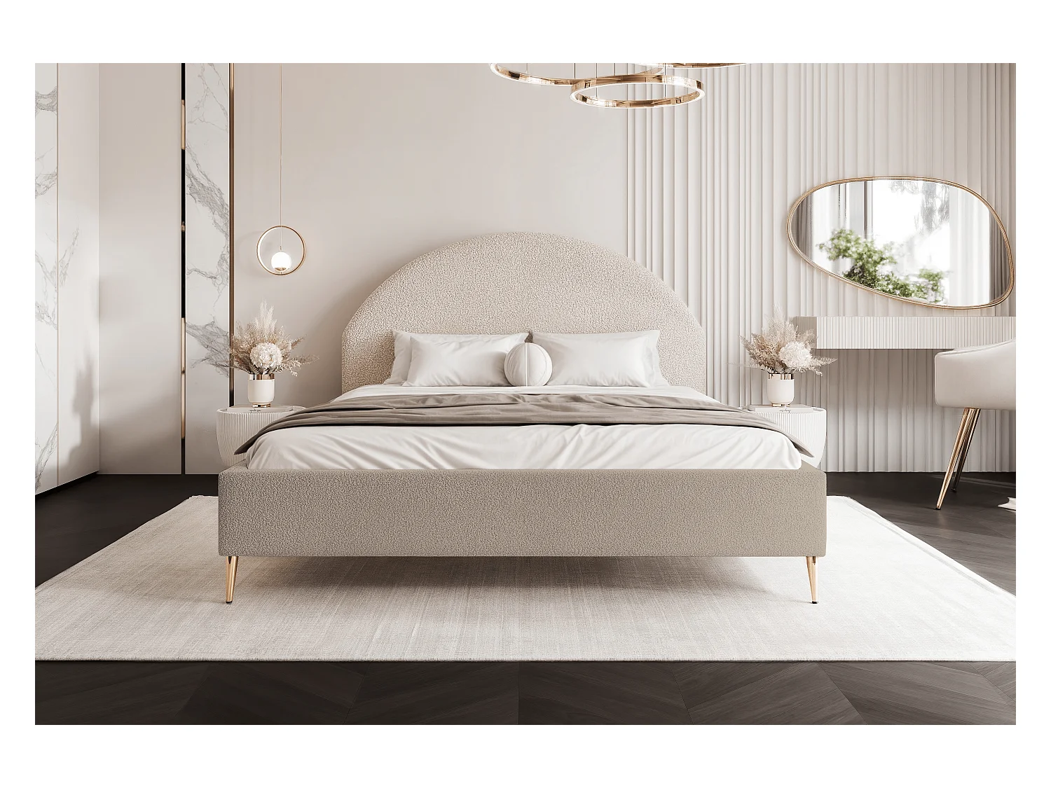 BESILIO Łóżko tapicerowane Boucle 180x200 Velora II - stelaż listwowy, wezgłowie, pojemnik, łóżko slim, wysokie złote nogi - Beżowy