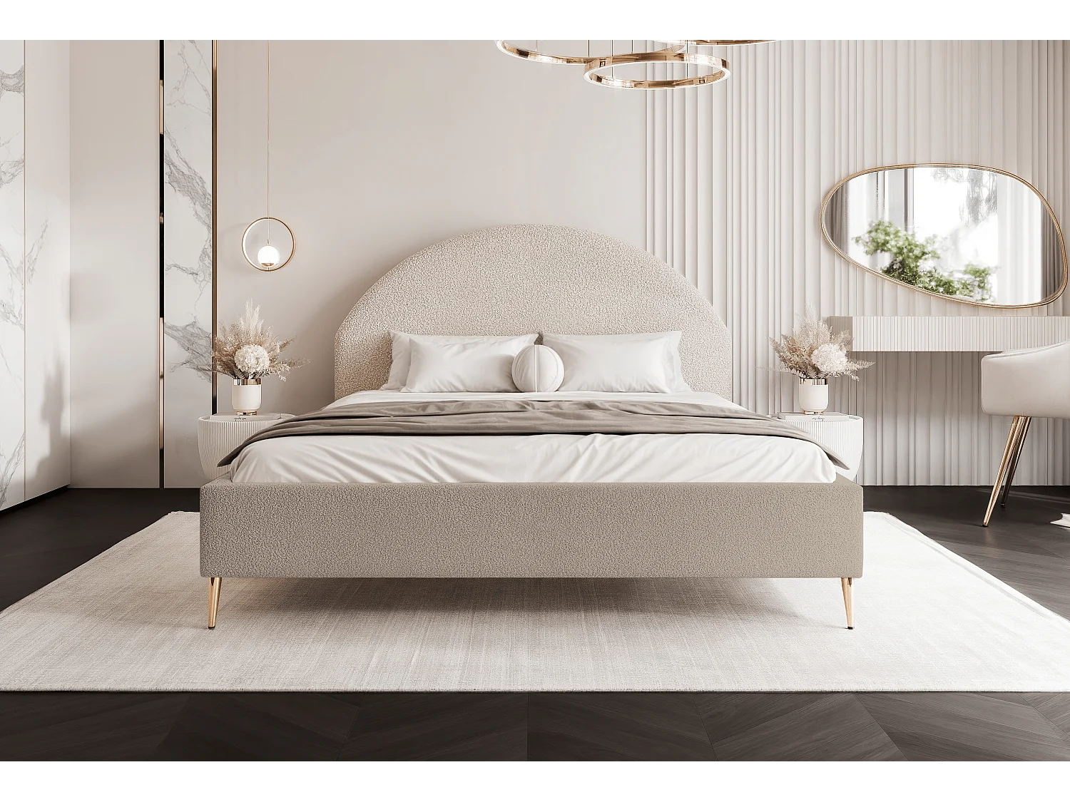 BESILIO Lit tapissé Boucle 180x200 Velora II – sommier à lattes, tête de lit, coffre de rangement, lit fin, pieds hauts dorés – Beige