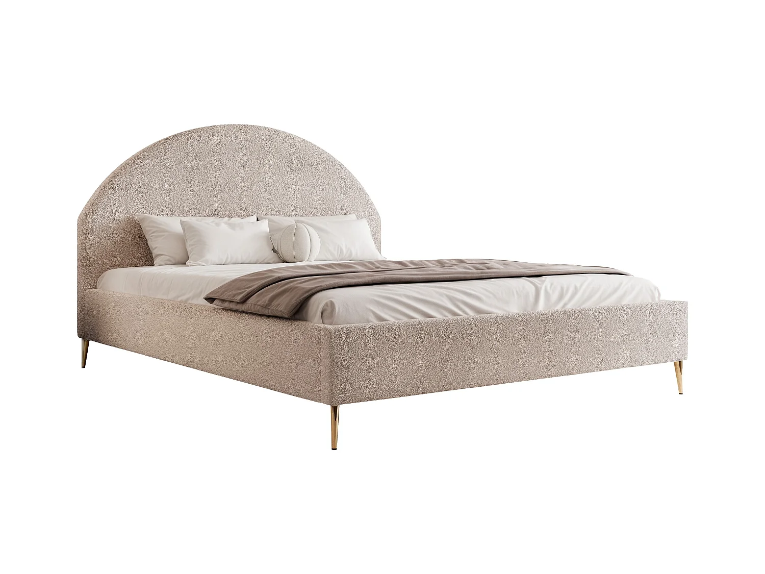 BESILIO Łóżko tapicerowane Boucle 120x200 Velora II - stelaż listwowy, wezgłowie, pojemnik, łóżko slim, wysokie złote nogi - Beżowy