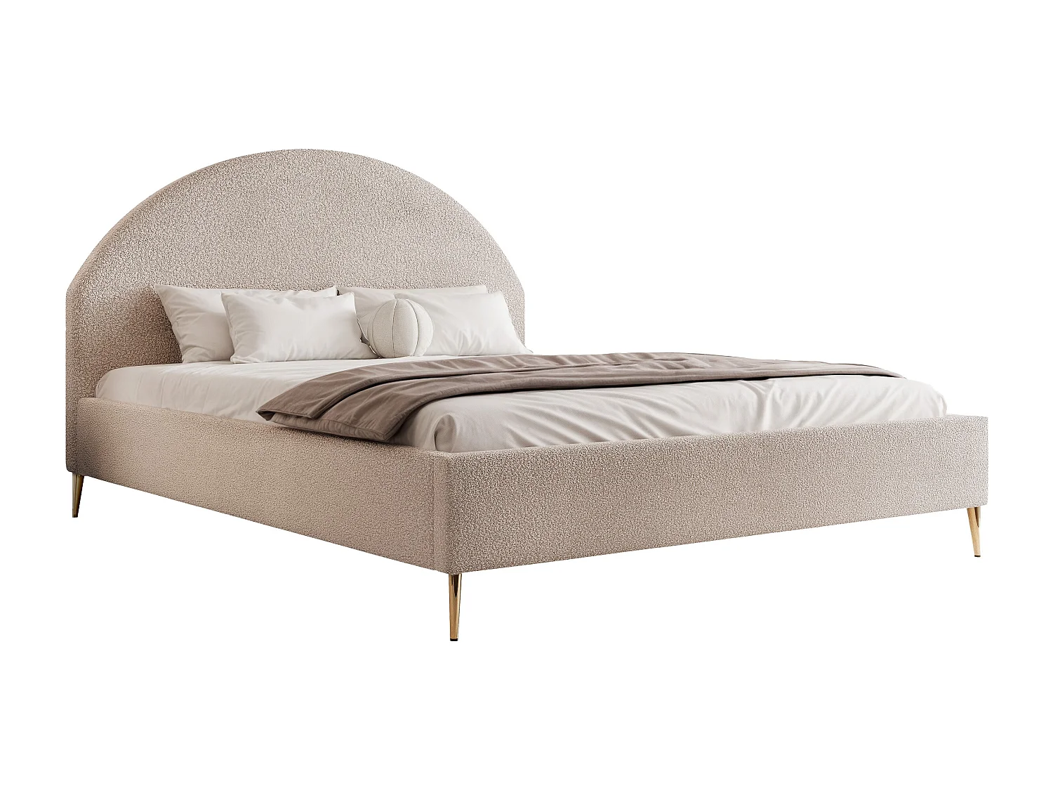 BESILIO Łóżko tapicerowane Boucle 120x200 Velora II - stelaż listwowy, wezgłowie, pojemnik, łóżko slim, wysokie złote nogi - Beżowy