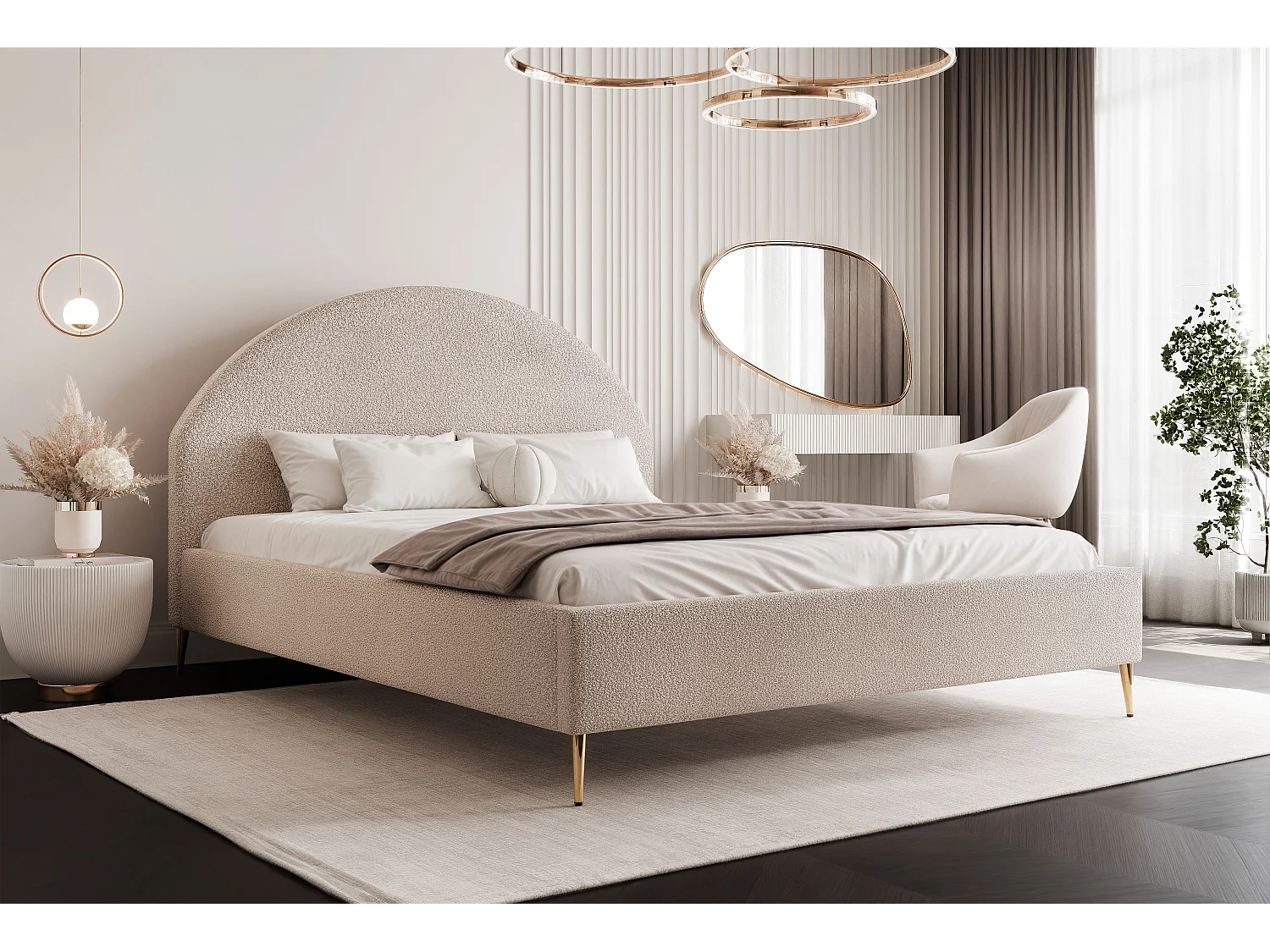 BESILIO Gestoffeerd bed Boucle 120x200 Velora II – lattenbodem, hoofdbord, opbergruimte, slank bed, hoge gouden poten – Beige
