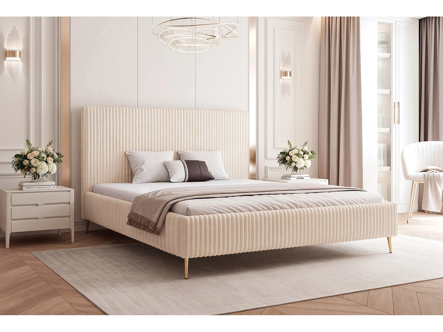 BESILIO Lit 140x200 Vienna II – lit avec coffre de rangement, lit fin, pieds hauts dorés, sommier à lattes – tissu velours doux – Crème