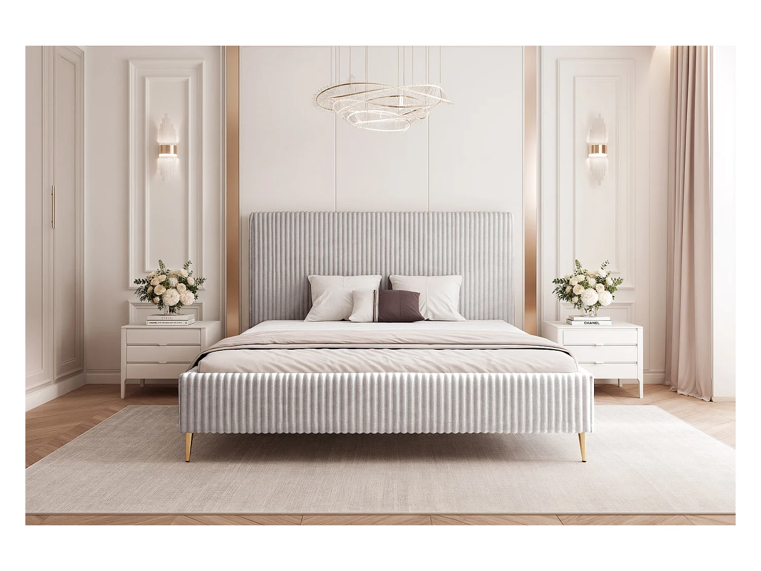 BESILIO Łóżko do sypialni 180x200 Vienna II - Łóżko z pojemnikiem, łóżko slim, wysokie złote nogi, stelaż listwowy - Tkanina miękki sztuks - Jasnoszary