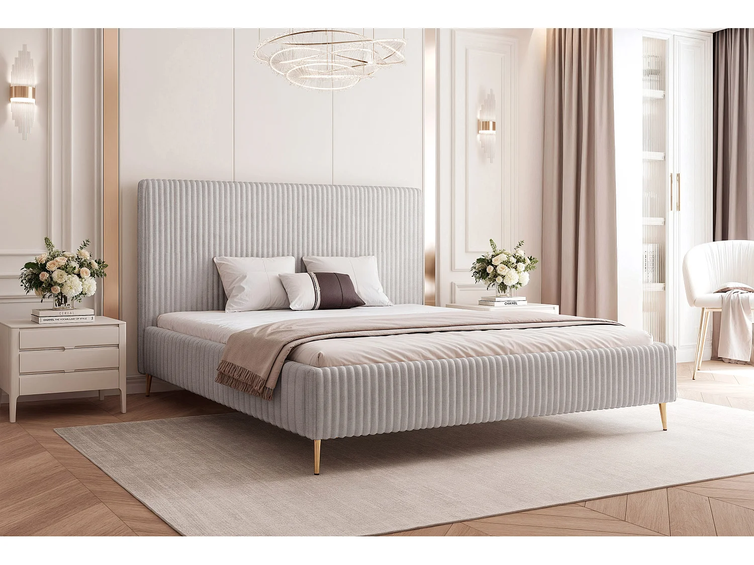 BESILIO Lit 180x200 Vienna II – lit avec coffre de rangement, lit fin, pieds hauts dorés, sommier à lattes – tissu velours doux – Gris clair