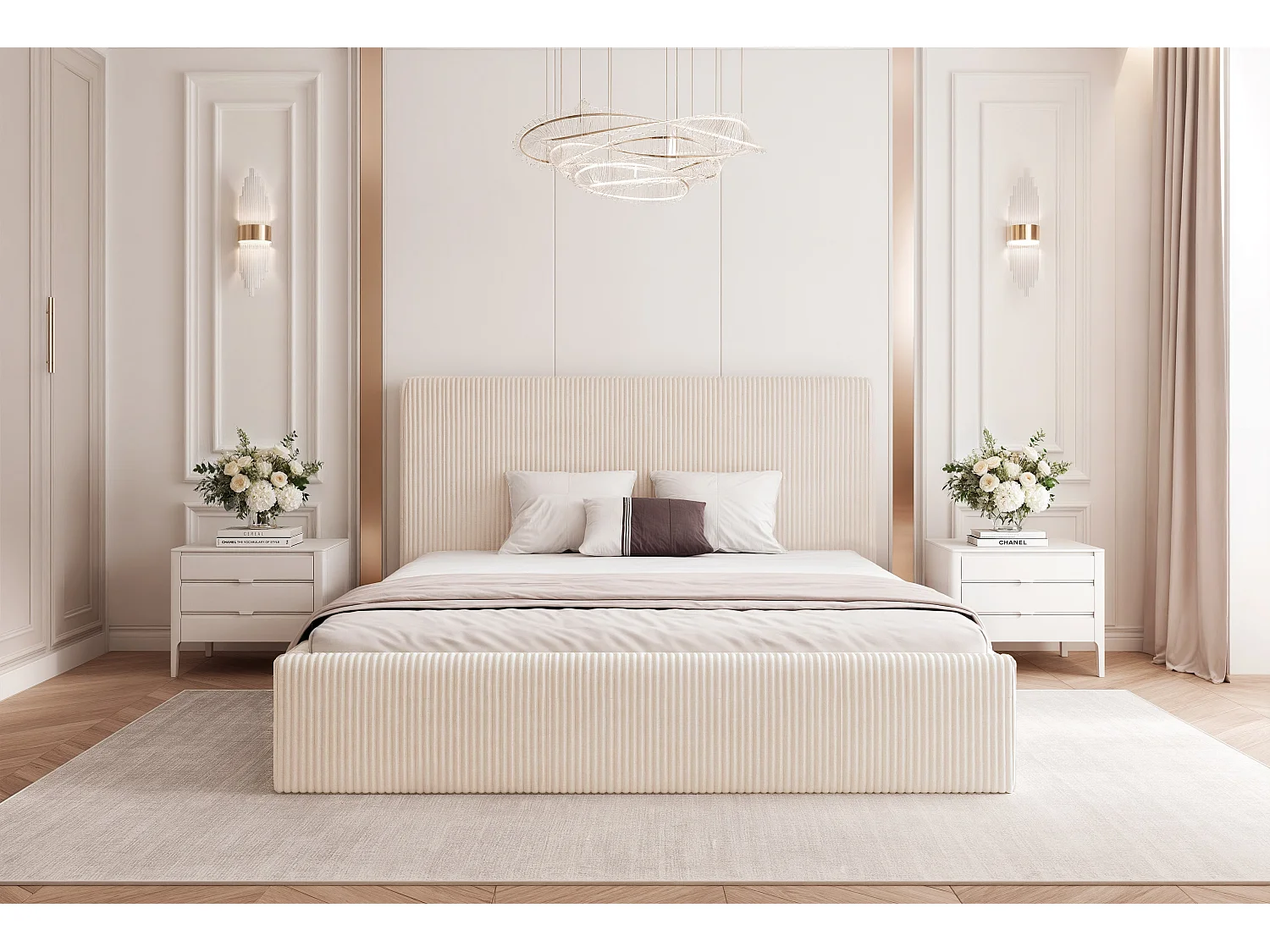 BESILIO Lit 140x200 Vienna – lit avec coffre de rangement, lit fin, sommier à lattes – tissu velours – Crème