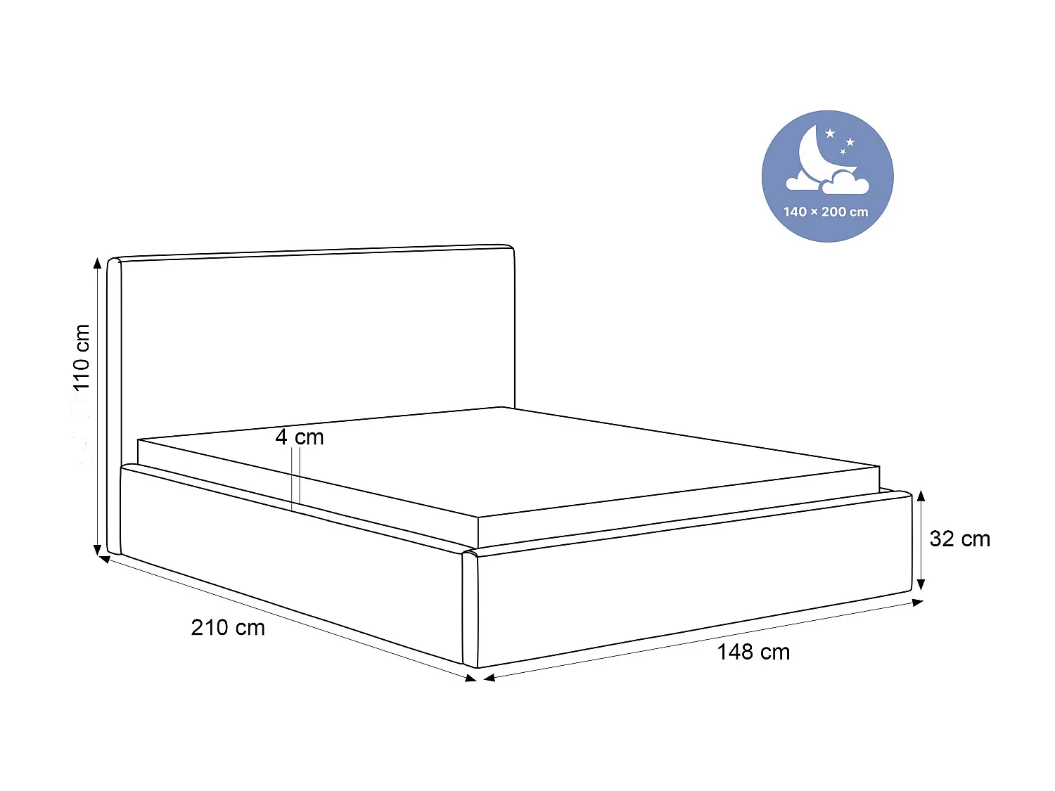 BESILIO Lit 140x200 Vienna – lit avec coffre de rangement, lit fin, sommier à lattes – tissu velours – Crème