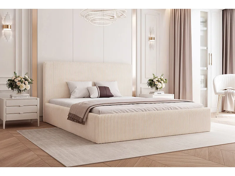 BESILIO Lit 140x200 Vienna – lit avec coffre de rangement, lit fin, sommier à lattes – tissu velours – Crème