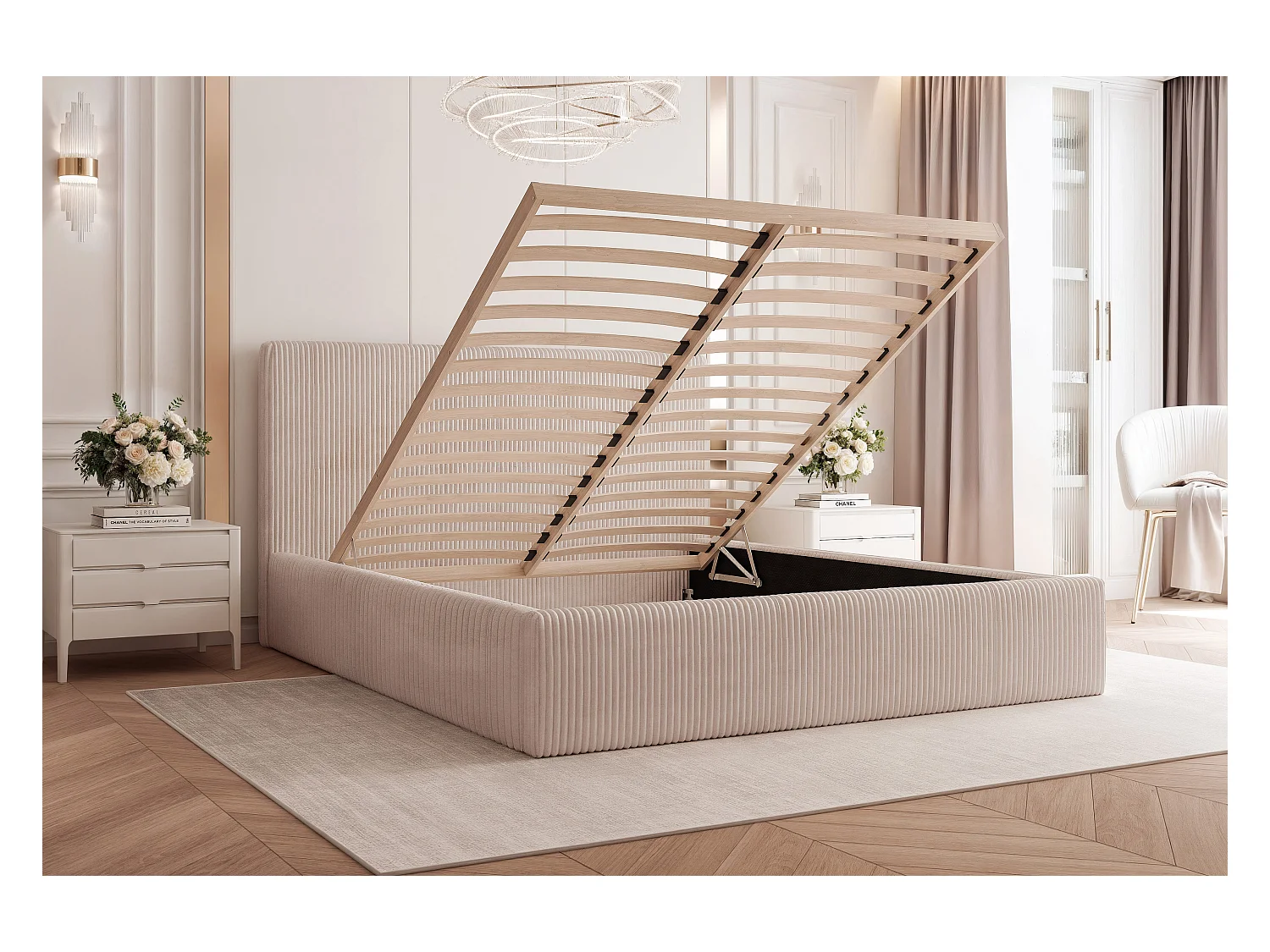 BESILIO Łóżko do sypialni 180x200 Vienna - Łóżko z pojemnikiem, łóżko slim, stelaż listwowy - Tkanina sztuks - Jasnoszary