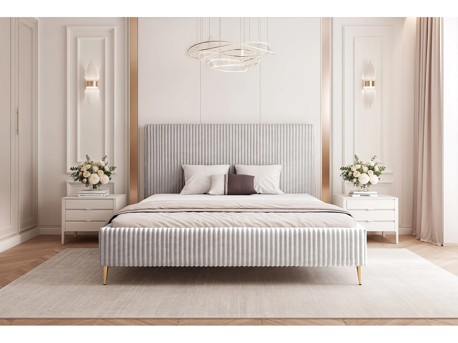 BESILIO Lit 200x200 Vienna II – lit avec coffre de rangement, lit fin, pieds hauts dorés, sommier à lattes – tissu velours doux – Gris clair