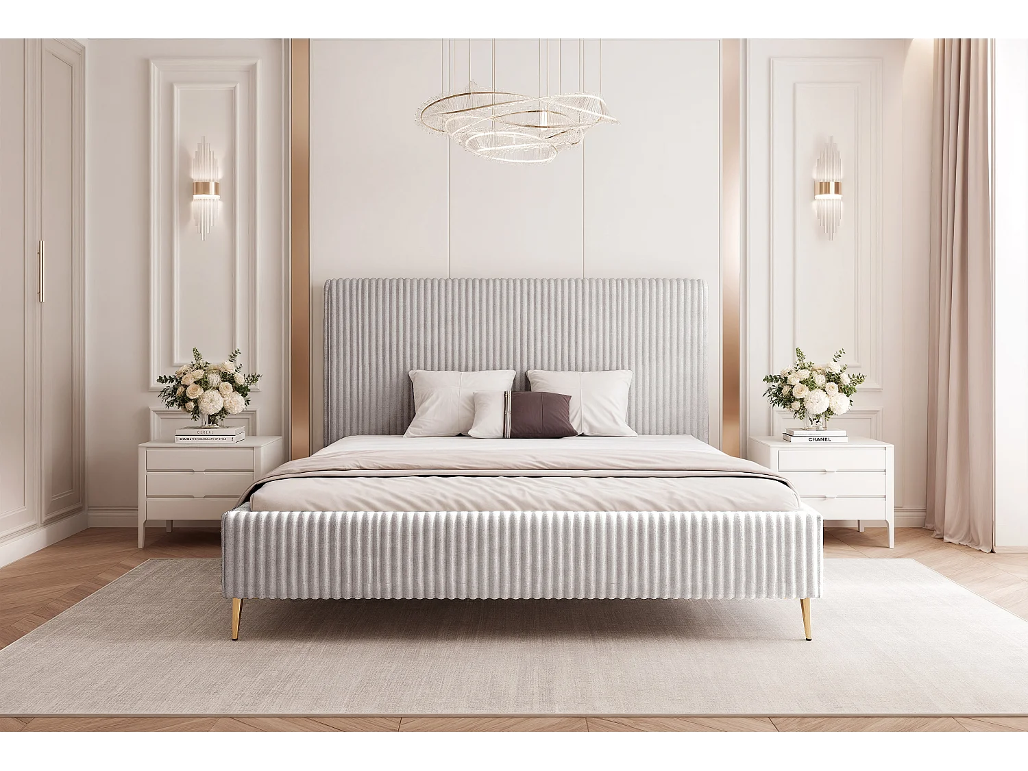 BESILIO Lit 200x200 Vienna II – lit avec coffre de rangement, lit fin, pieds hauts dorés, sommier à lattes – tissu velours doux – Gris clair