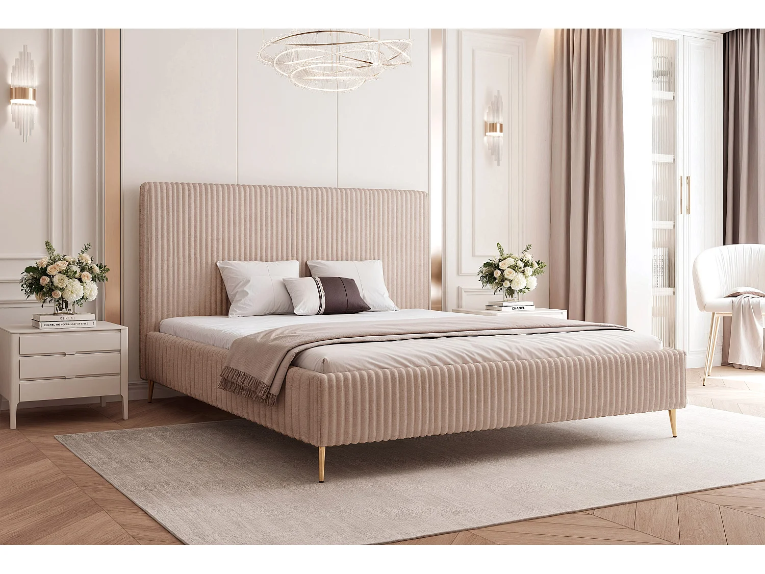 BESILIO Lit 160x200 Vienna II – lit avec coffre de rangement, lit fin, pieds hauts dorés, sommier à lattes – tissu velours doux – Beige