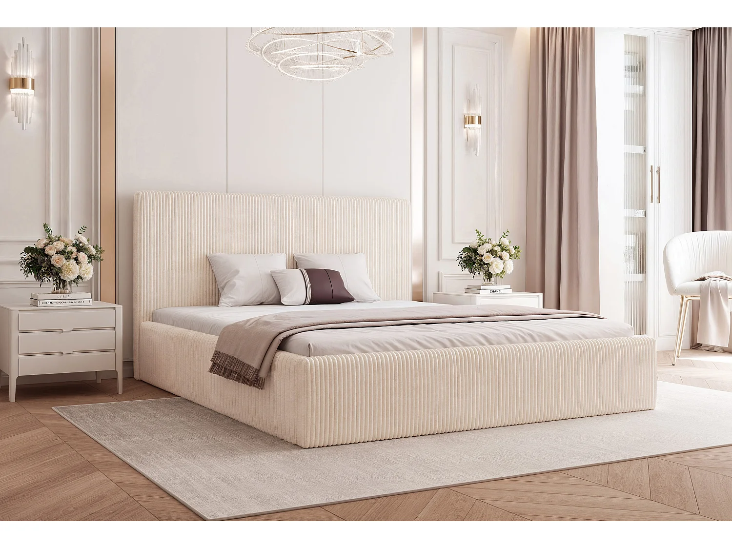 BESILIO Lit 160x200 Vienna – lit avec coffre de rangement, lit fin, sommier à lattes – tissu velours – Crème