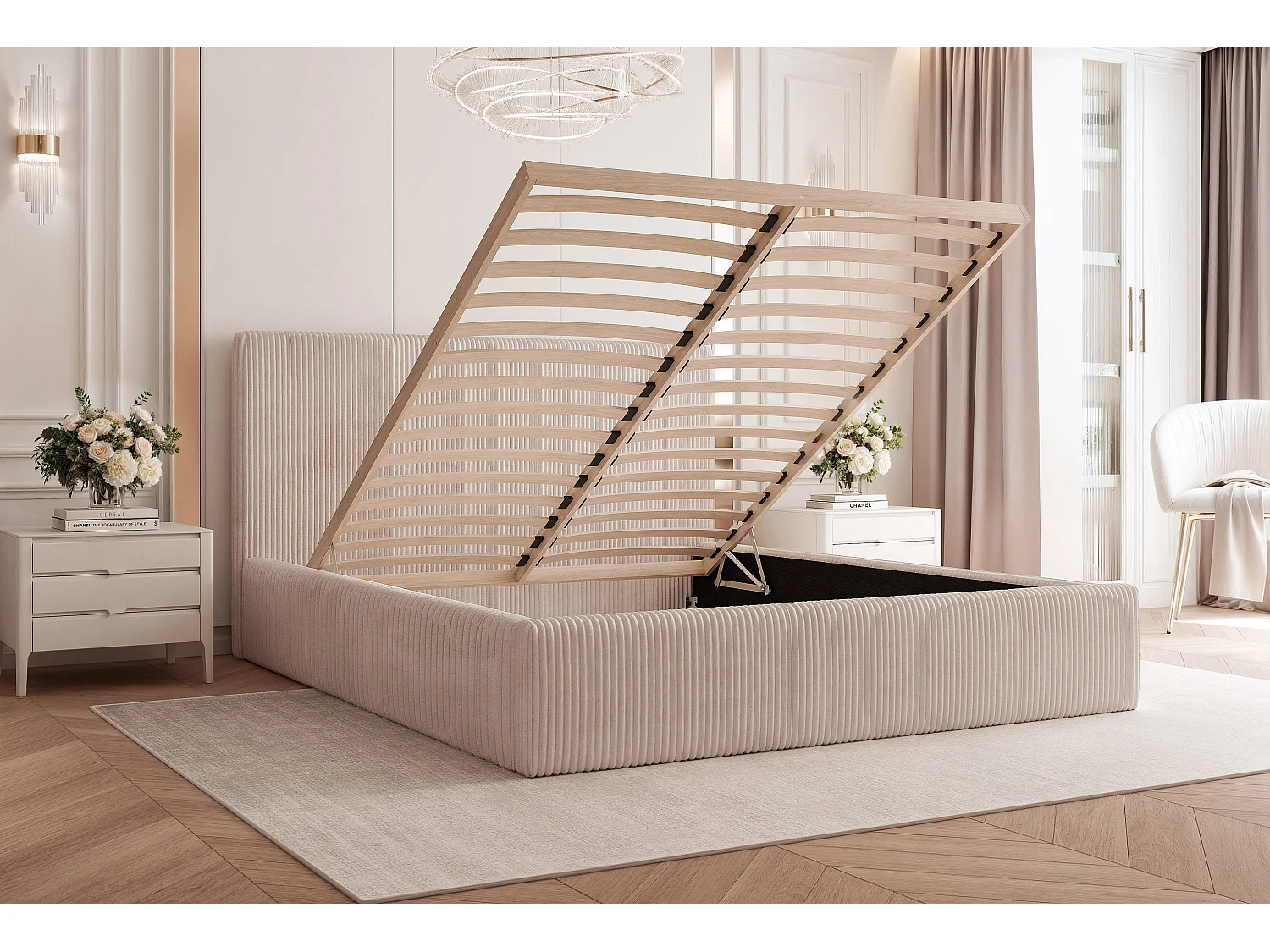 BESILIO Bed 160x200 Vienna – bed met opbergruimte, slank bed, lattenbodem – fluwelen stof – Crème