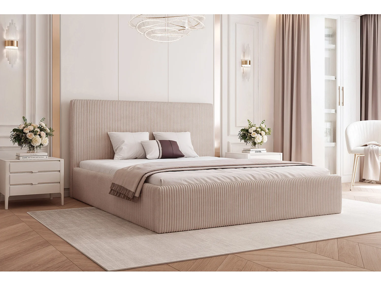 BESILIO Bed 160x200 Vienna – bed met opbergruimte, slank bed, lattenbodem – fluwelen stof – Beige