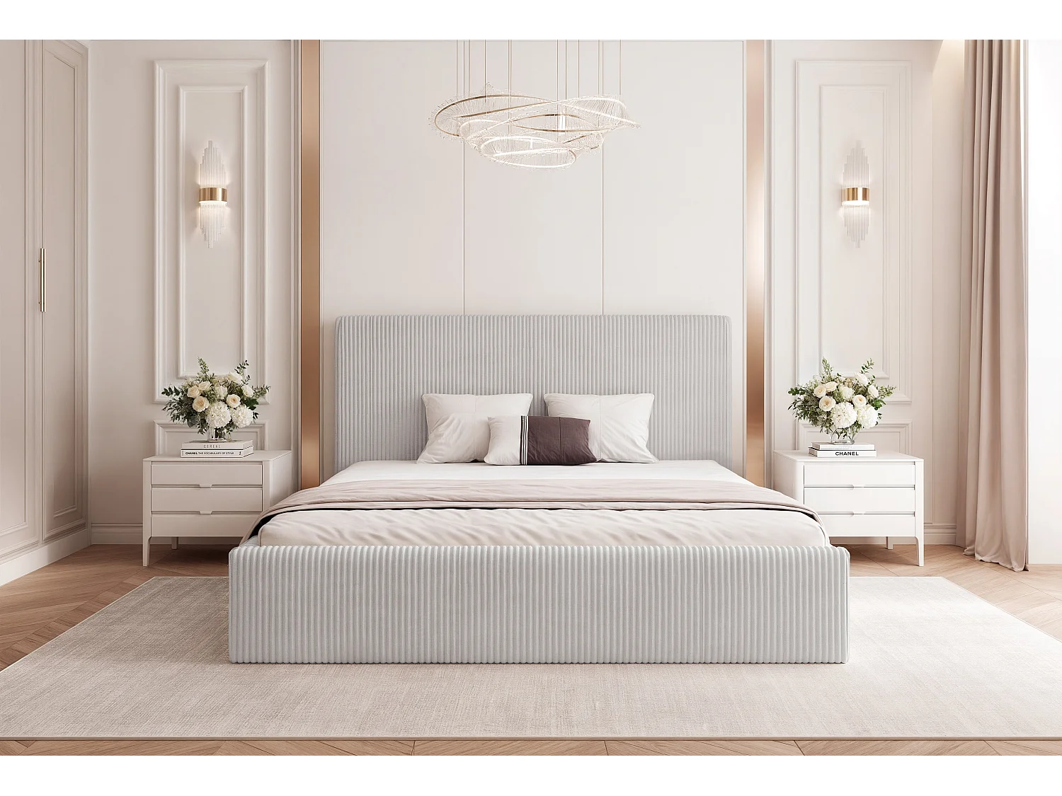 BESILIO Lit 200x200 Vienna – lit avec coffre de rangement, lit fin, sommier à lattes – tissu velours – Gris clair