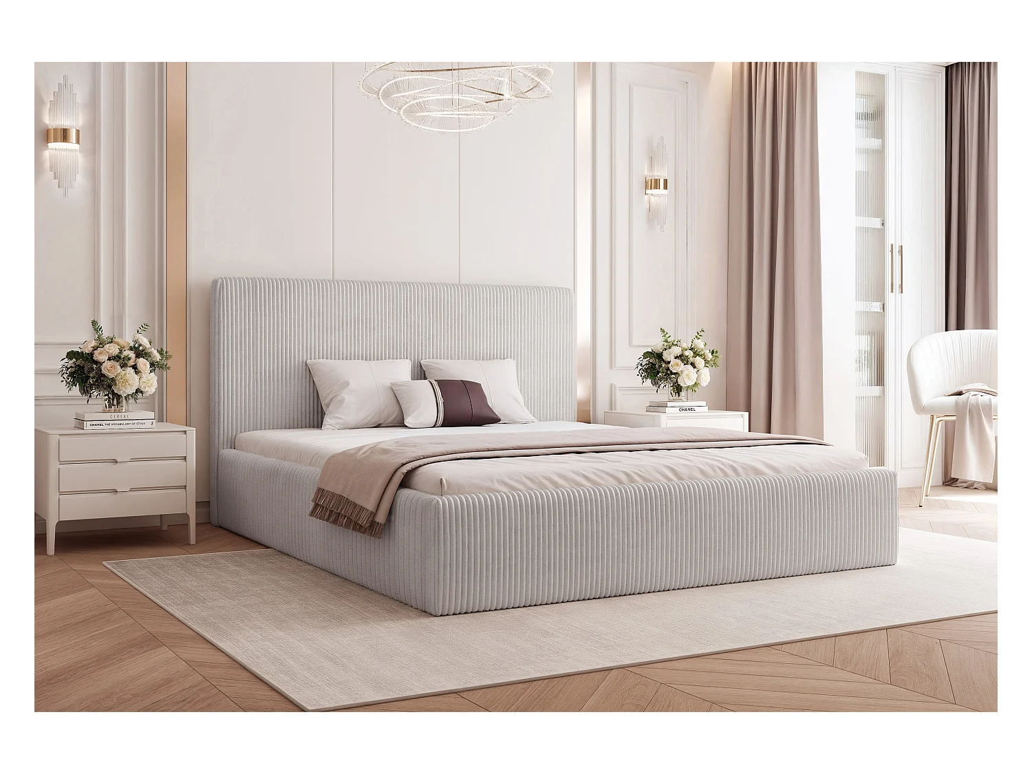 BESILIO Łóżko do sypialni 160x200 Vienna - Łóżko z pojemnikiem, łóżko slim, stelaż listwowy - Tkanina sztuks - Jasnoszary