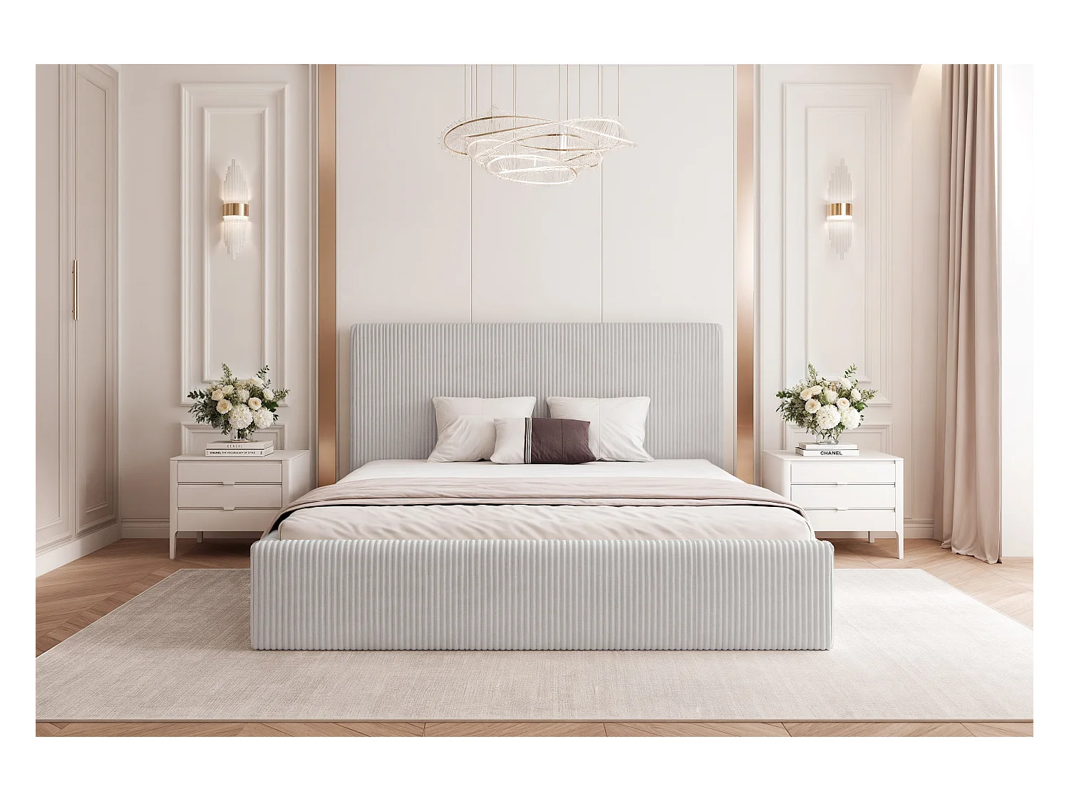 BESILIO Łóżko do sypialni 160x200 Vienna - Łóżko z pojemnikiem, łóżko slim, stelaż listwowy - Tkanina sztuks - Jasnoszary