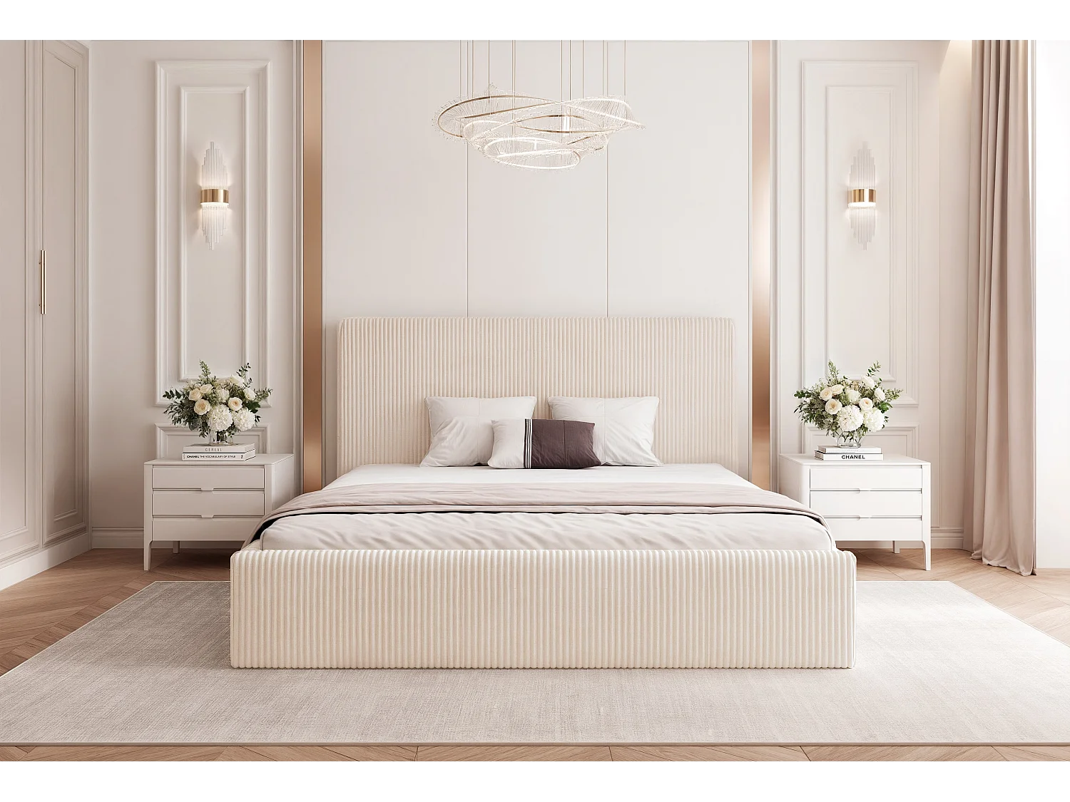 BESILIO Lit 120x200 Vienna – lit avec coffre de rangement, lit fin, sommier à lattes – tissu velours – Crème