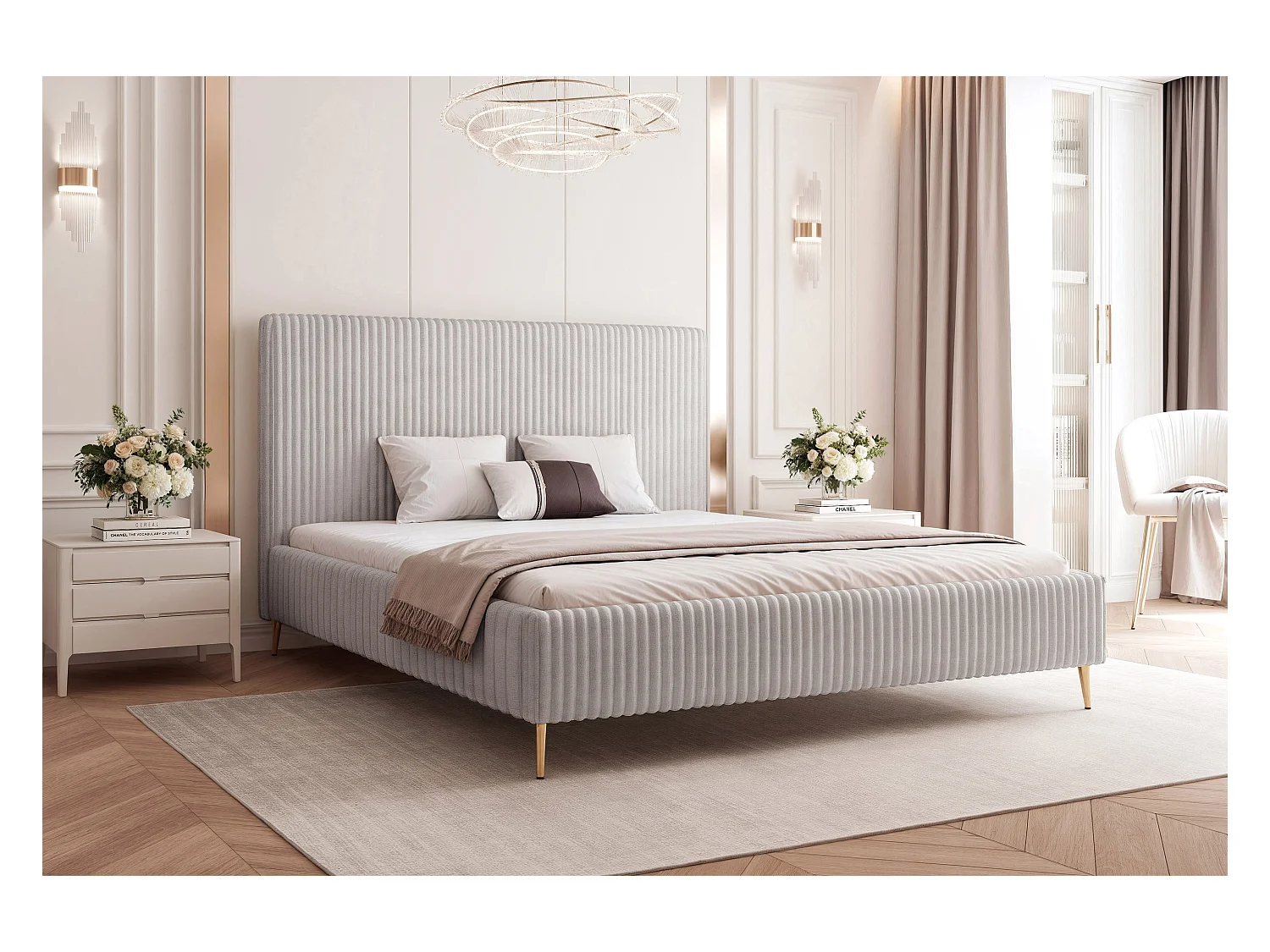 BESILIO Łóżko do sypialni 160x200 Vienna II - Łóżko z pojemnikiem, łóżko slim, wysokie złote nogi, stelaż listwowy - Tkanina miękki sztuks - Jasnoszary