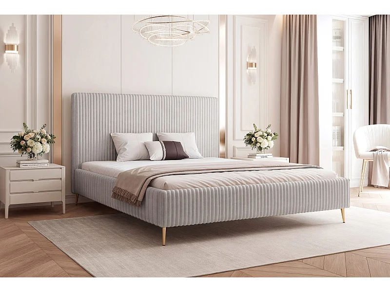 BESILIO Łóżko do sypialni 160x200 Vienna II - Łóżko z pojemnikiem, łóżko slim, wysokie złote nogi, stelaż listwowy - Tkanina miękki sztuks - Jasnoszary