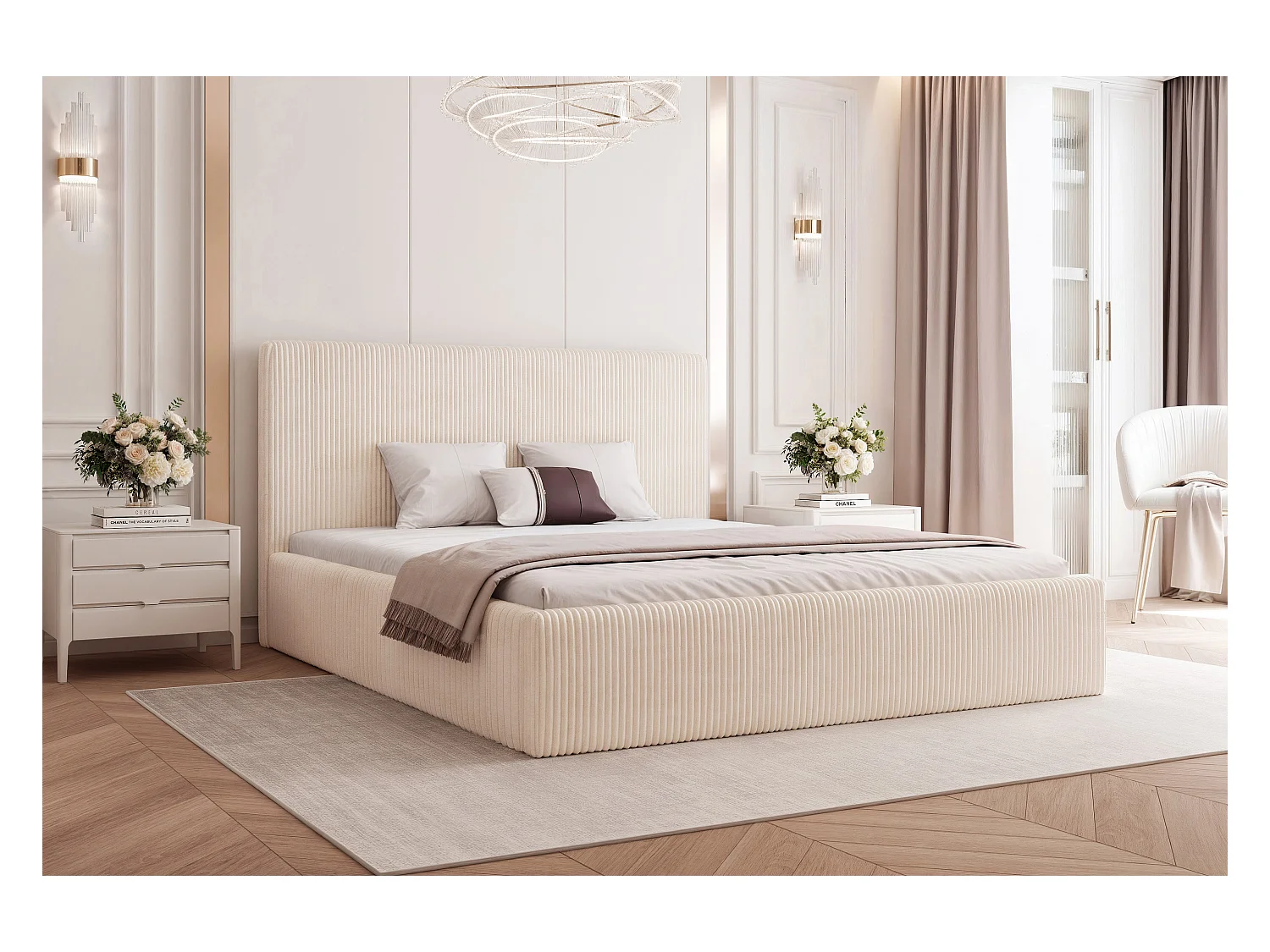 BESILIO Łóżko do sypialni 200x200 Vienna - Łóżko z pojemnikiem, łóżko slim, stelaż listwowy - Tkanina sztuks - Kremowy