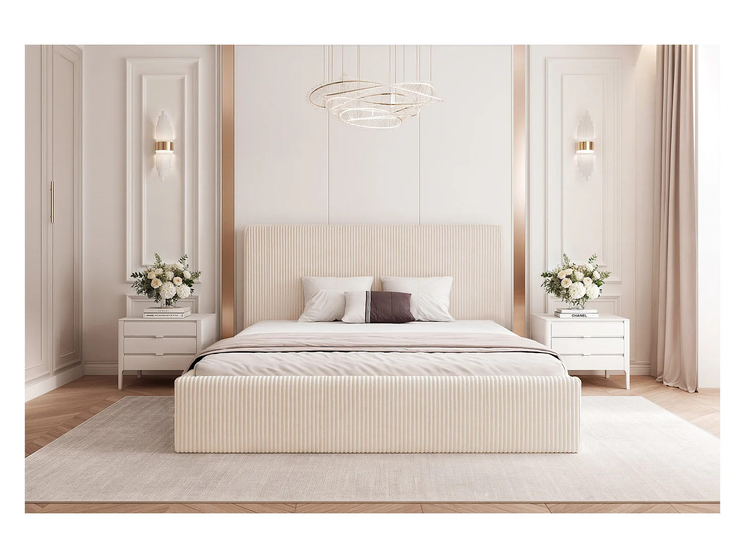 BESILIO Łóżko do sypialni 180x200 Vienna - Łóżko z pojemnikiem, łóżko slim, stelaż listwowy - Tkanina sztuks - Kremowy