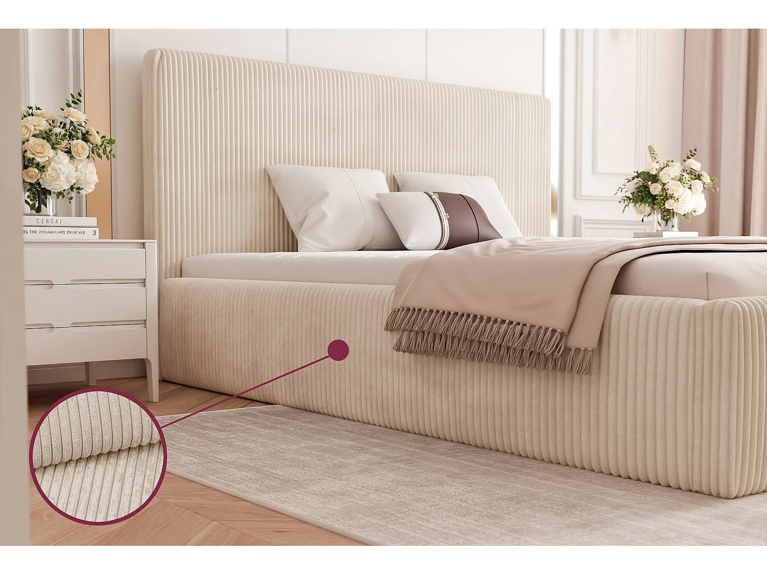 BESILIO Bed 180x200 Vienna – bed met opbergruimte, slank bed, lattenbodem – fluwelen stof – Crème