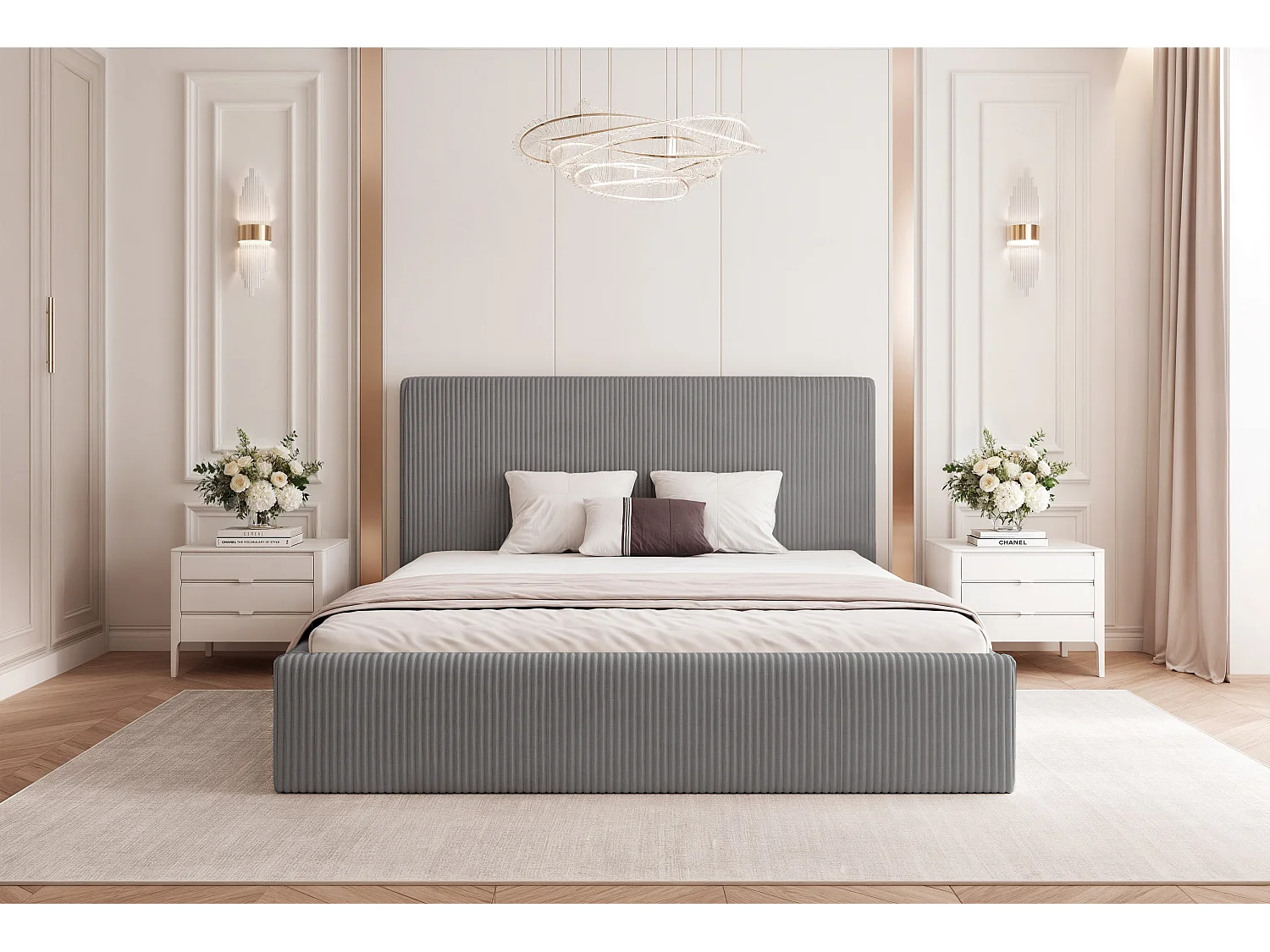 BESILIO Lit 160x200 Vienna – lit avec coffre de rangement, lit fin, sommier à lattes – tissu velours – Gris