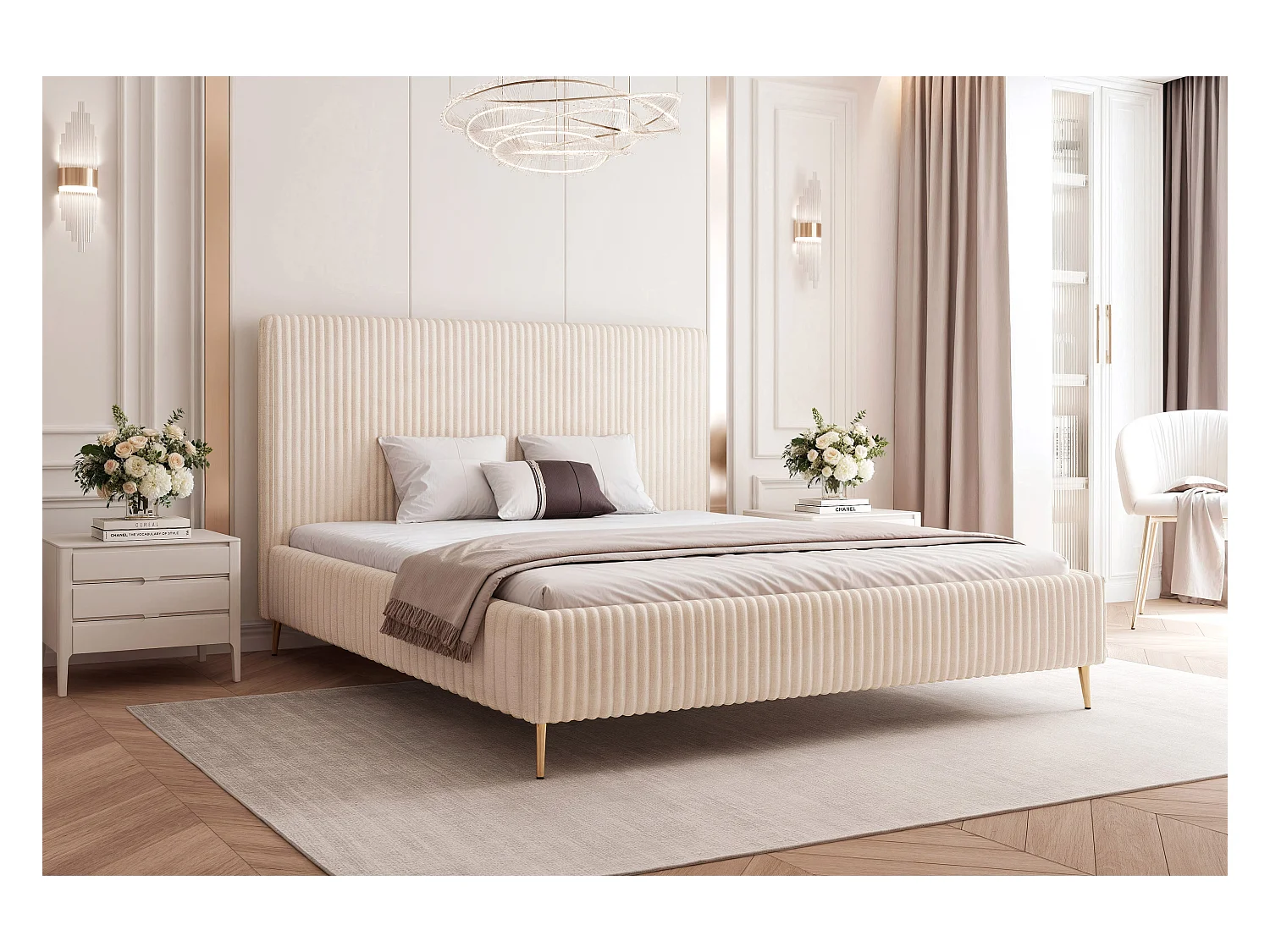 BESILIO Łóżko do sypialni 180x200 Vienna II - Łóżko z pojemnikiem, łóżko slim, wysokie złote nogi, stelaż listwowy - Tkanina miękki sztuks - Kremowy