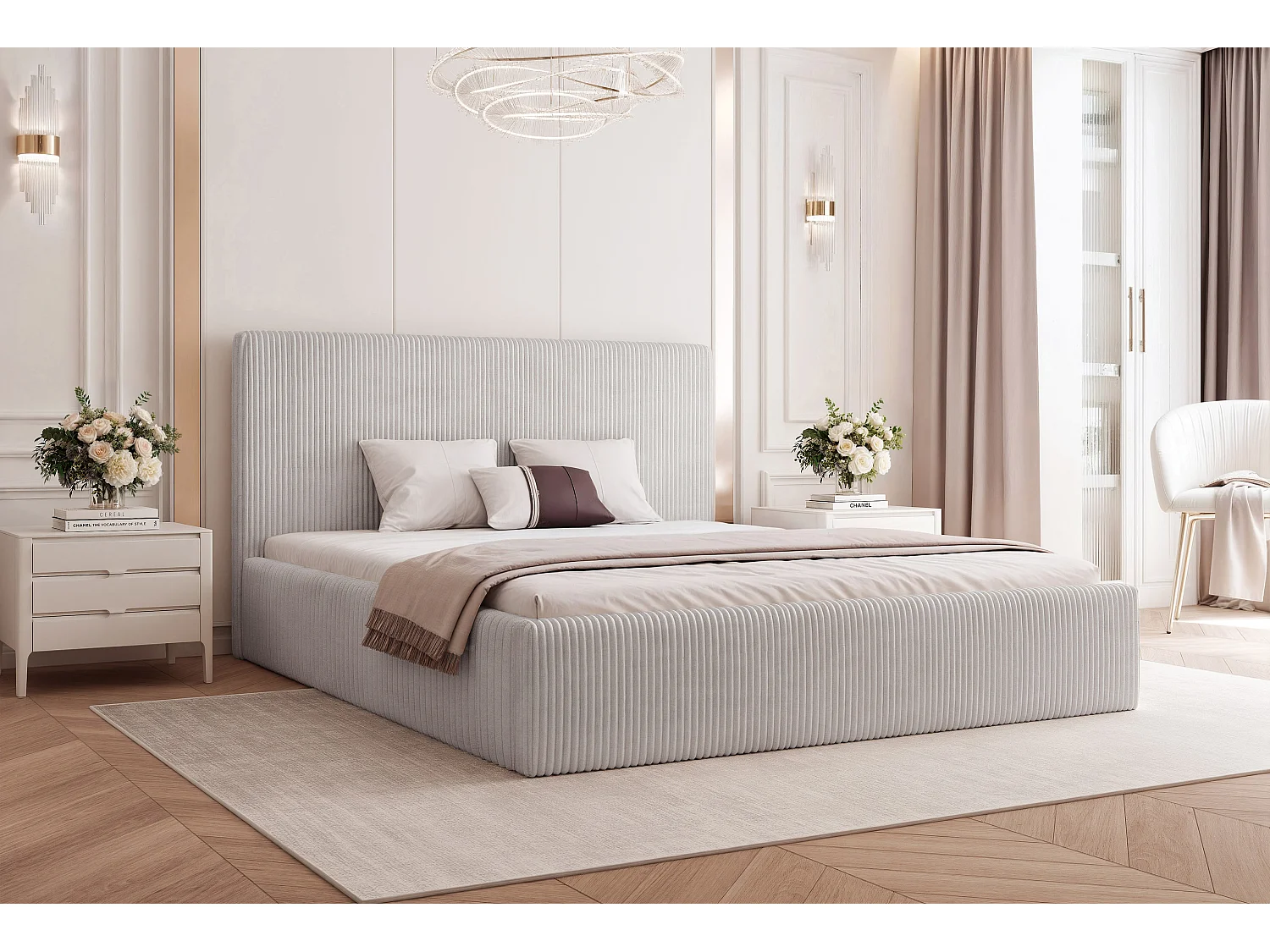 BESILIO Łóżko do sypialni 140x200 Vienna - Łóżko z pojemnikiem, łóżko slim, stelaż listwowy - Tkanina sztuks - Jasnoszary