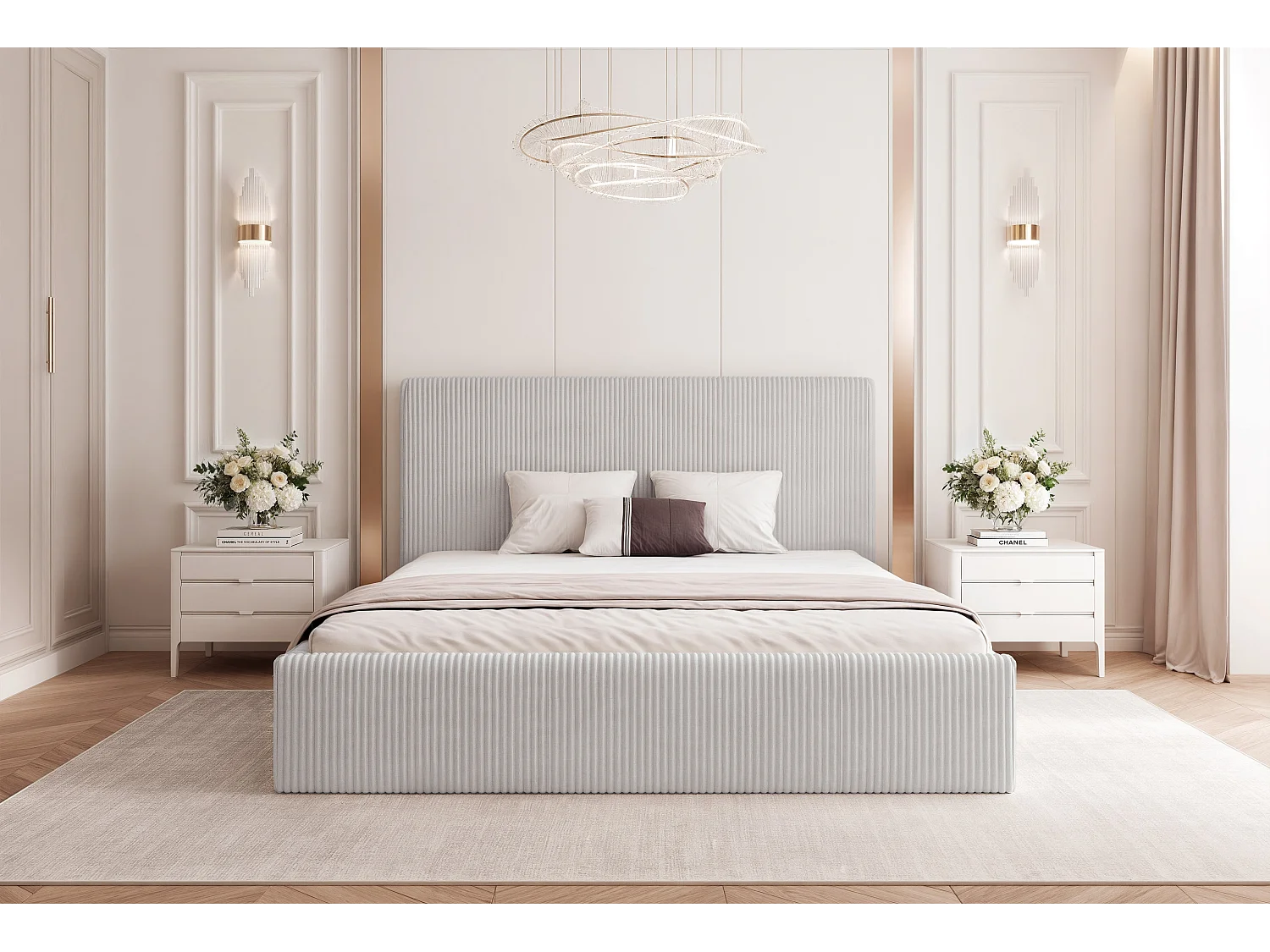 BESILIO Lit 140x200 Vienna – lit avec coffre de rangement, lit fin, sommier à lattes – tissu velours – Gris clair